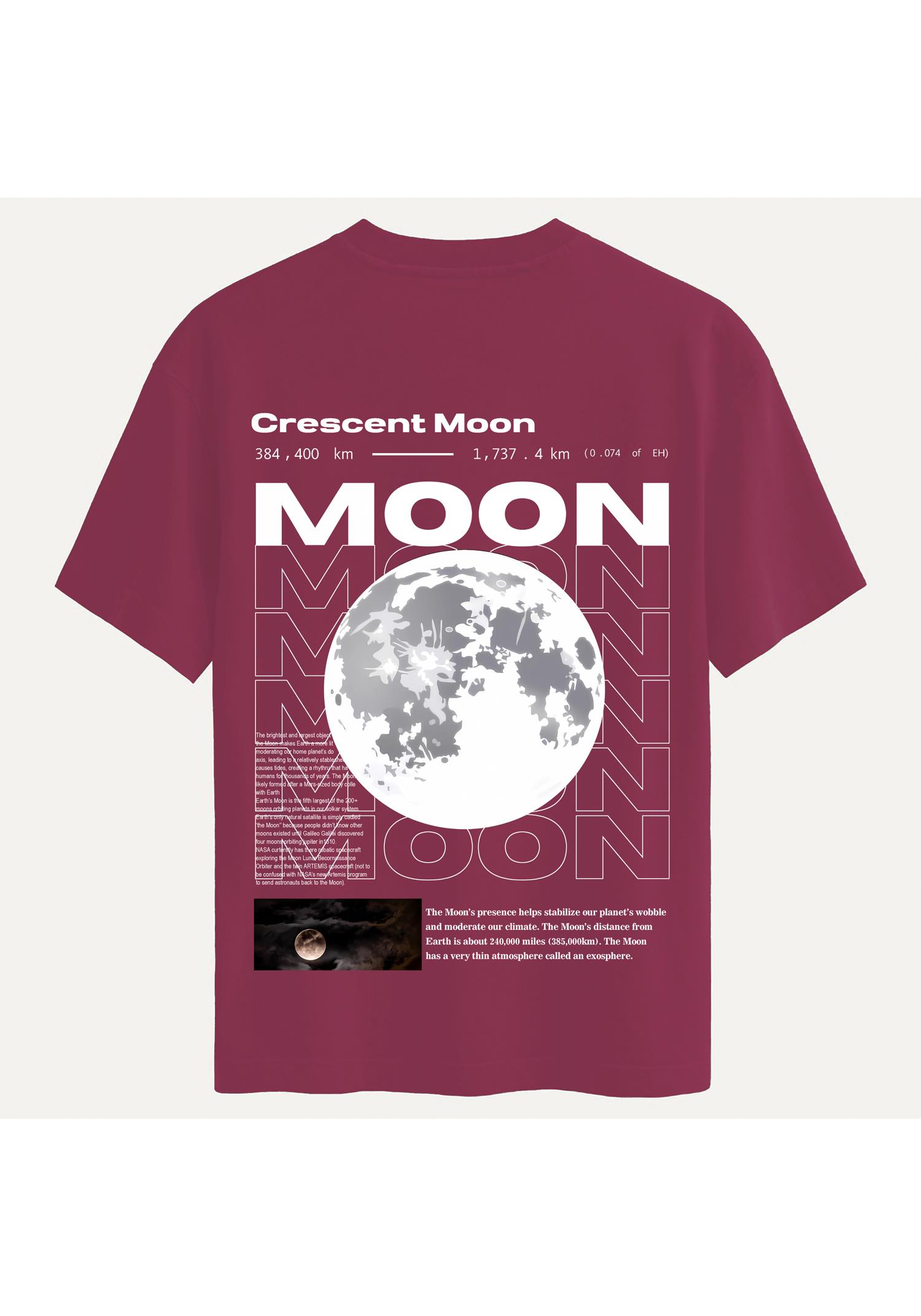 Unisex Bisiklet Yaka %100 Organik Pamuklu Kalın Dokulu Moon Baskılı Oversize T-shirt - BORDO