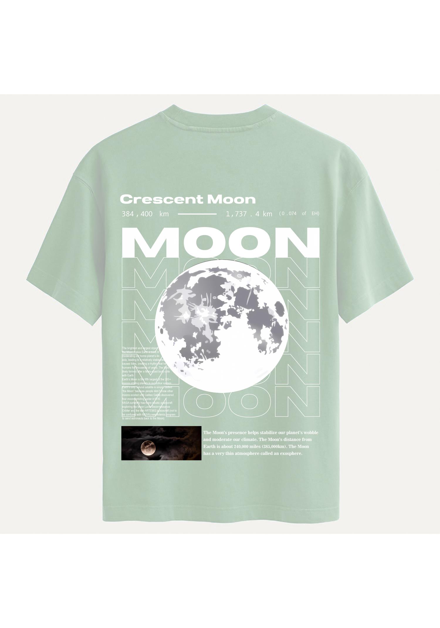 Unisex Bisiklet Yaka %100 Organik Pamuklu Kalın Dokulu Moon Baskılı Oversize T-shirt - BEJ