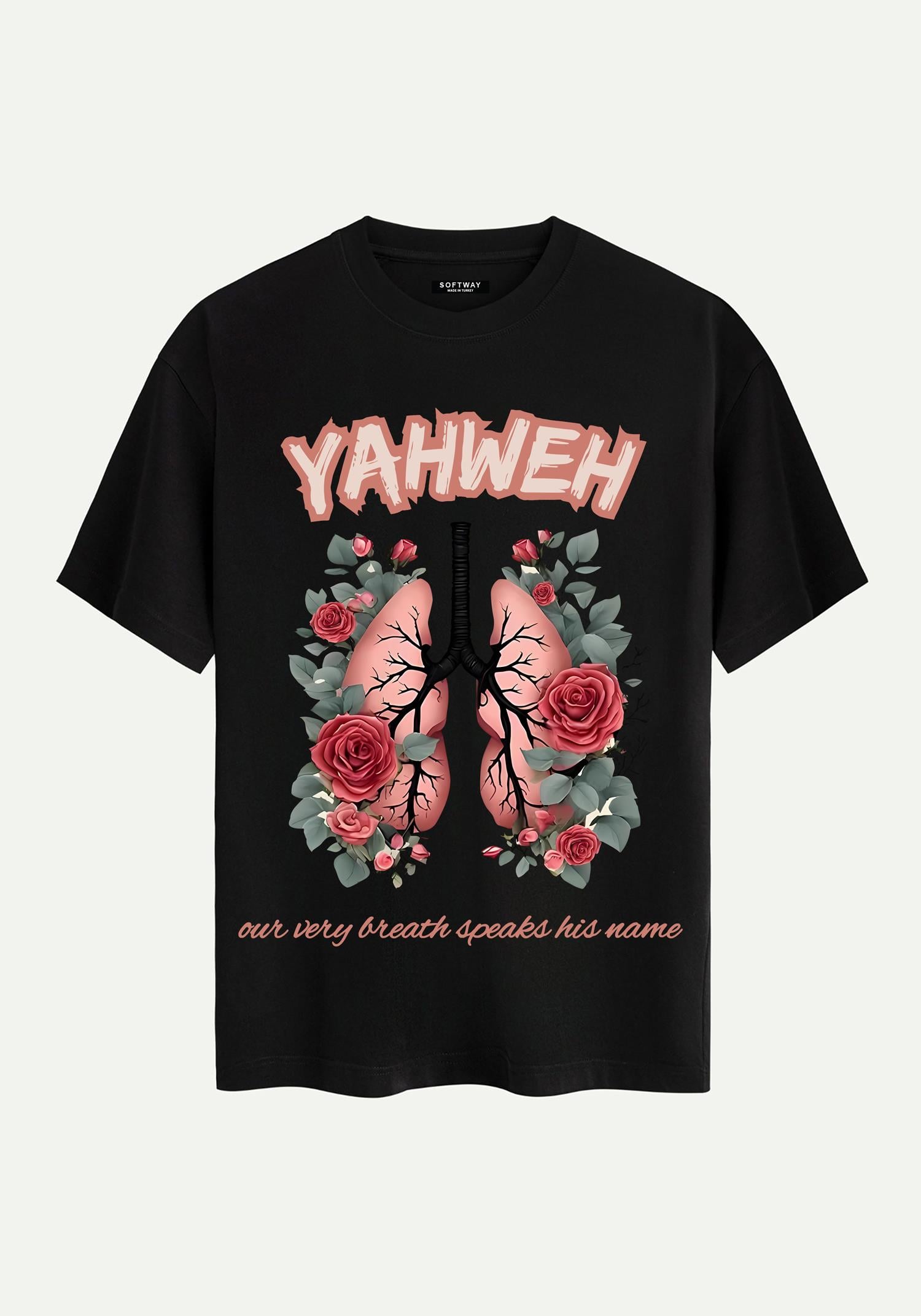 Unisex Bisiklet Yaka %100 Organik Pamuklu Kalın Dokulu YAHWEH Baskılı Oversize T-shirt - SİYAH