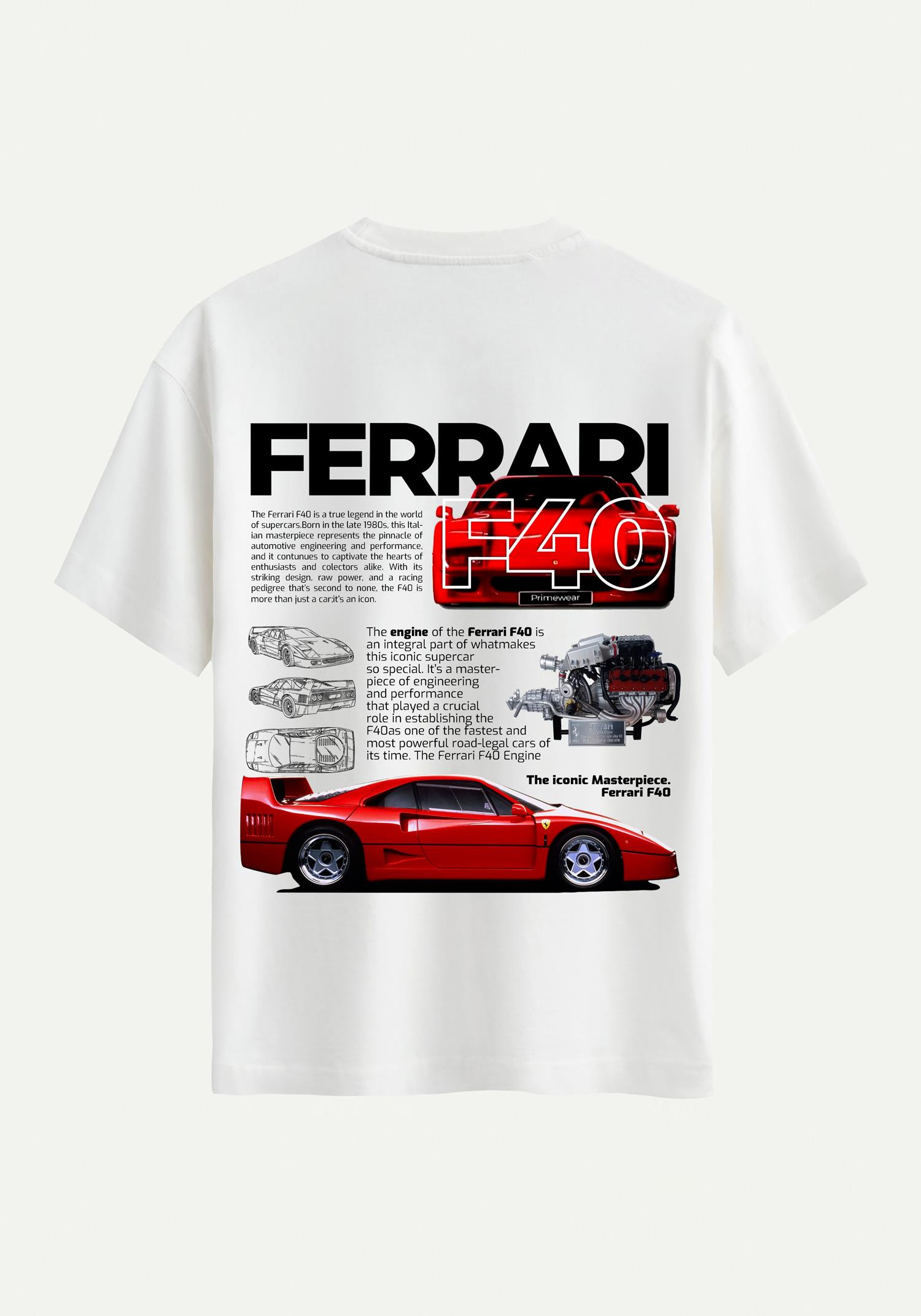 Unisex Bisiklet Yaka %100 Organik Pamuklu Kalın Dokulu Ferrari F40 Baskılı Oversize T-shirt - EKRU