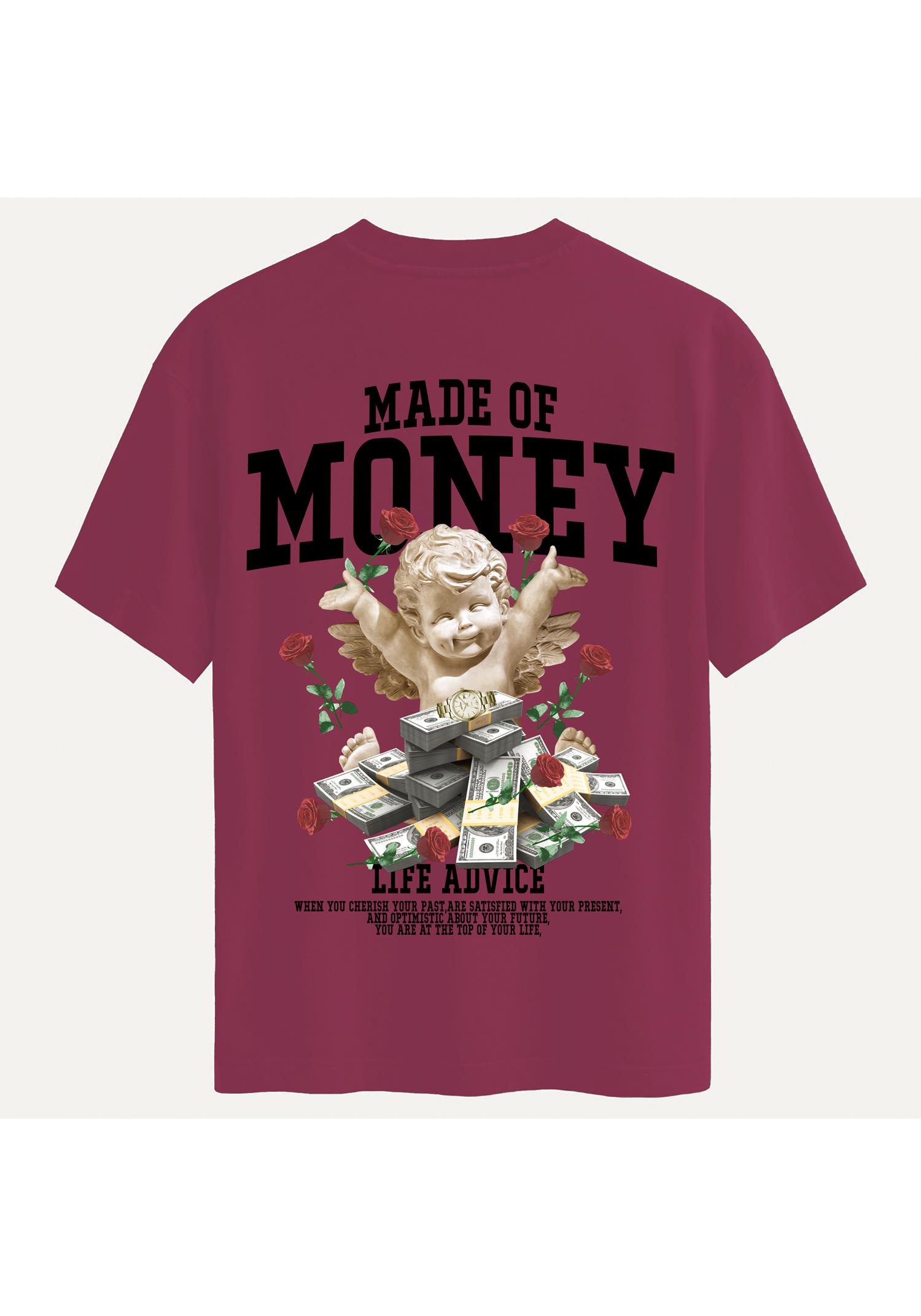 Unisex Bisiklet Yaka %100 Organik Pamuklu Kalın Dokulu Made Of Money Baskılı Oversize T-shirt - BORDO