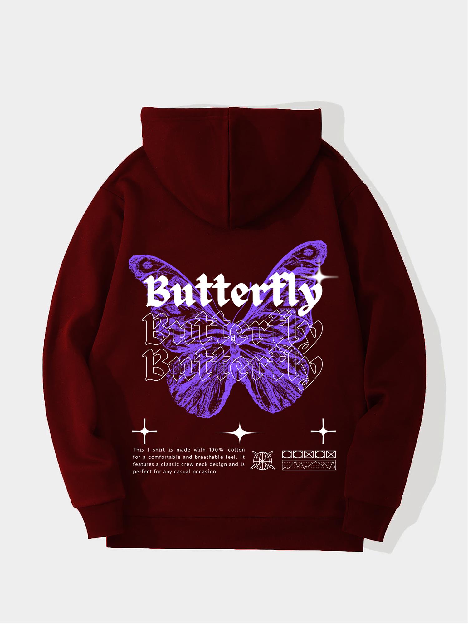 Unisex Butterfly Baskılı Kapüşonlu İçi Yumuşak Polarlı Oversize Sweatshirt - BORDO