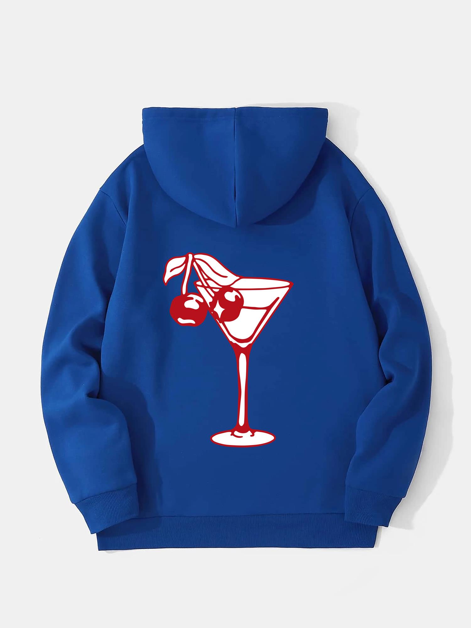 Unisex Cherry Cocktail Baskılı Kapüşonlu İçi Yumuşak Polarlı Oversize Sweatshirt - SAKS MAVİSİ