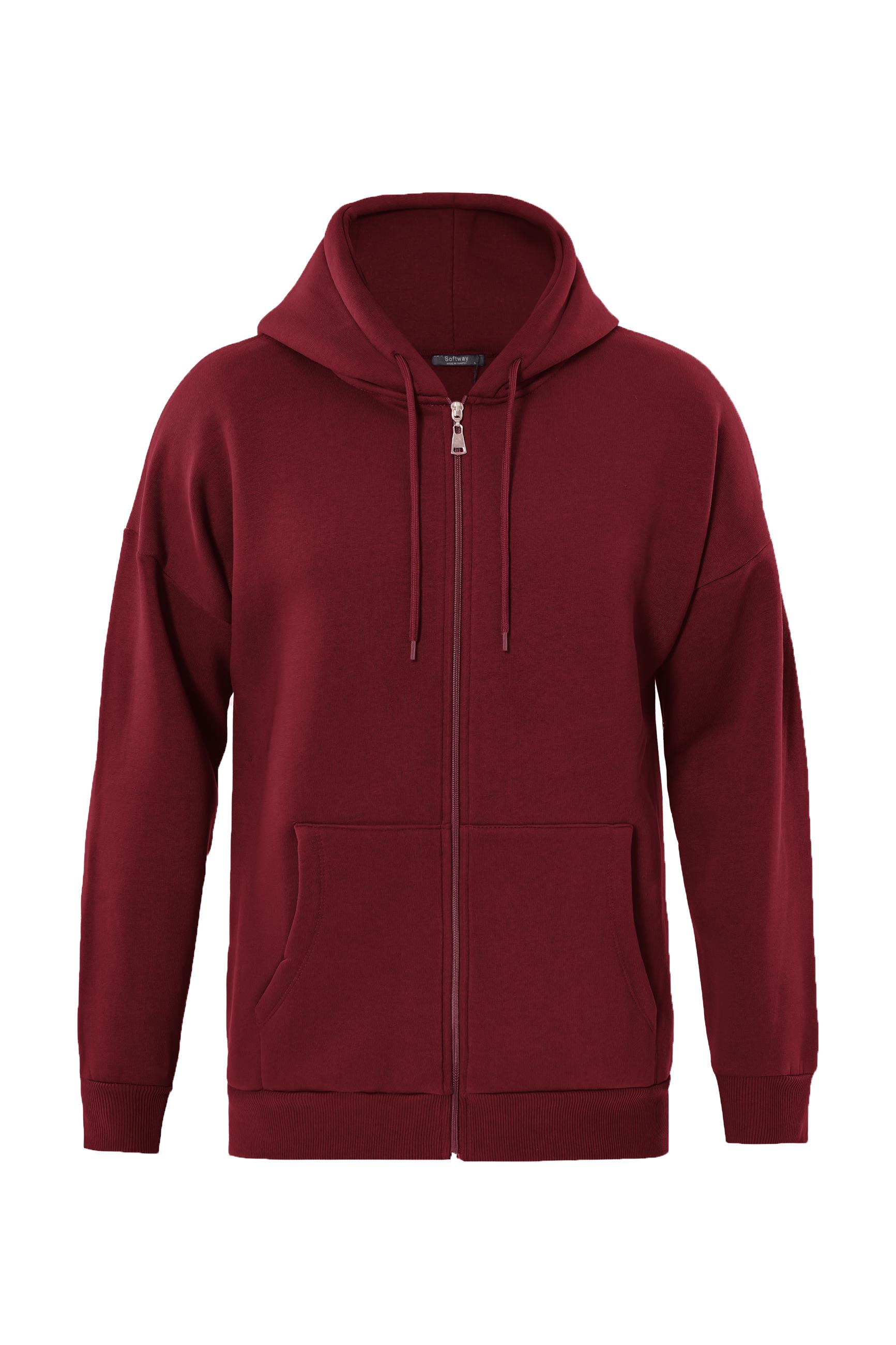 Unisex Fermuarlı Kapüşonlu Oversize Sweatshirt - BORDO