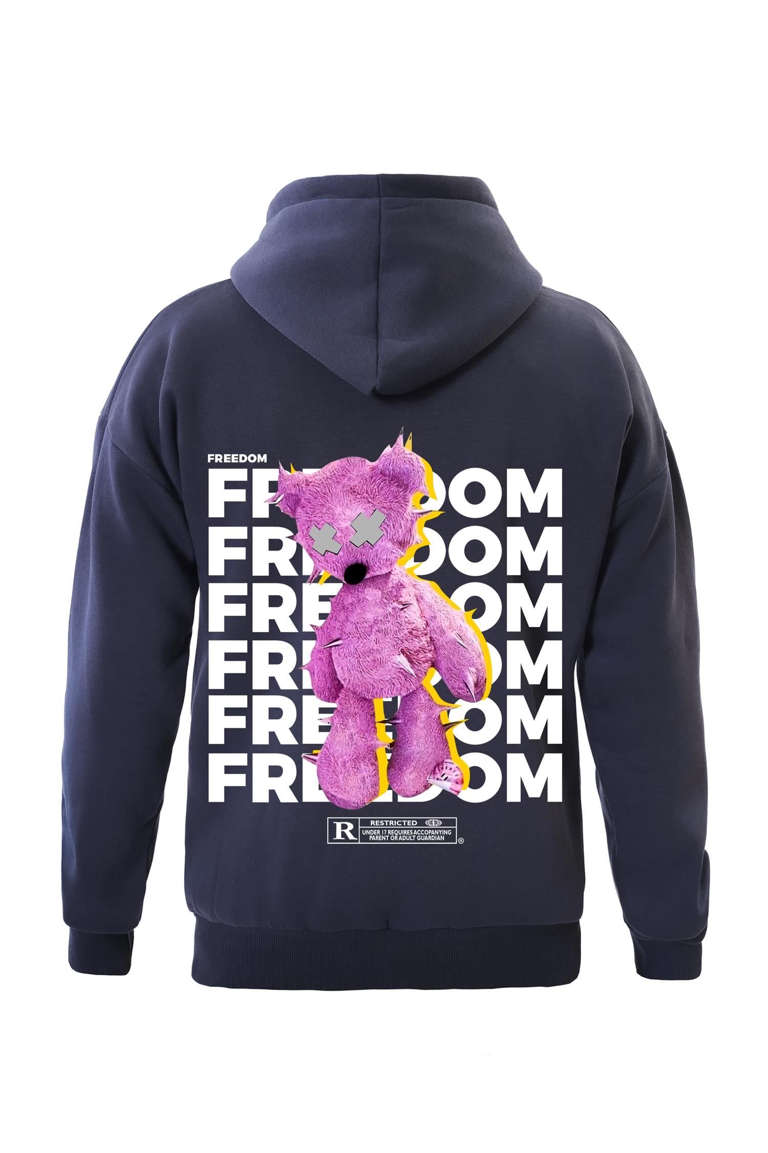 Unisex Freedom Baskılı Kapüşonlu İçi Yumuşak Polarlı Oversize Sweatshirt - LACİVERT