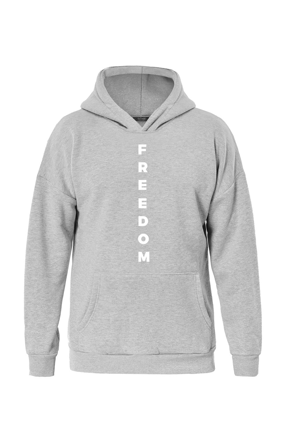 Unisex Freedom Baskılı Kapüşonlu İçi Yumuşak Polarlı Oversize Sweatshirt - GRİ
