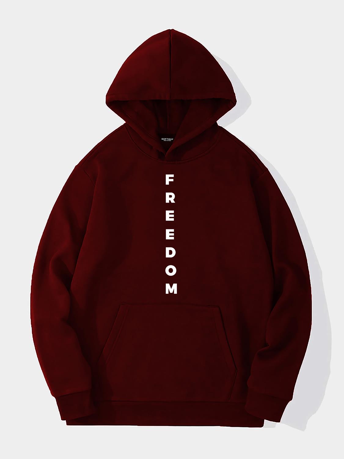 Unisex Freedom Baskılı Kapüşonlu İçi Yumuşak Polarlı Oversize Sweatshirt - BORDO