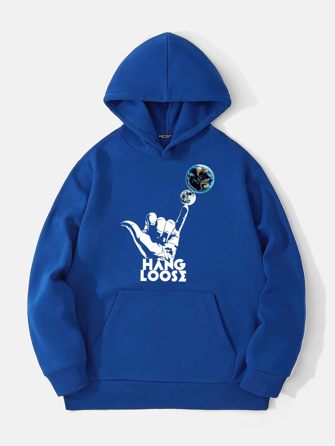 Unisex Hang Loose Baskılı Kapüşonlu İçi Yumuşak Polarlı Oversize Sweatshirt - SAKS MAVİSİ