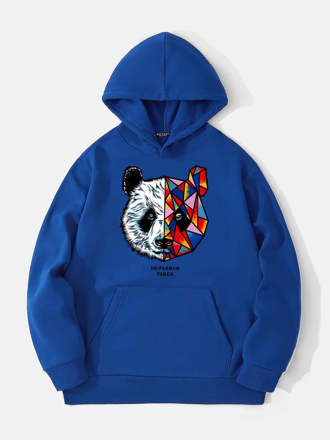 Unisex Heiparman Panda Baskılı Kapüşonlu İçi Yumuşak Polarlı Oversize Sweatshirt - SAKS MAVİSİ