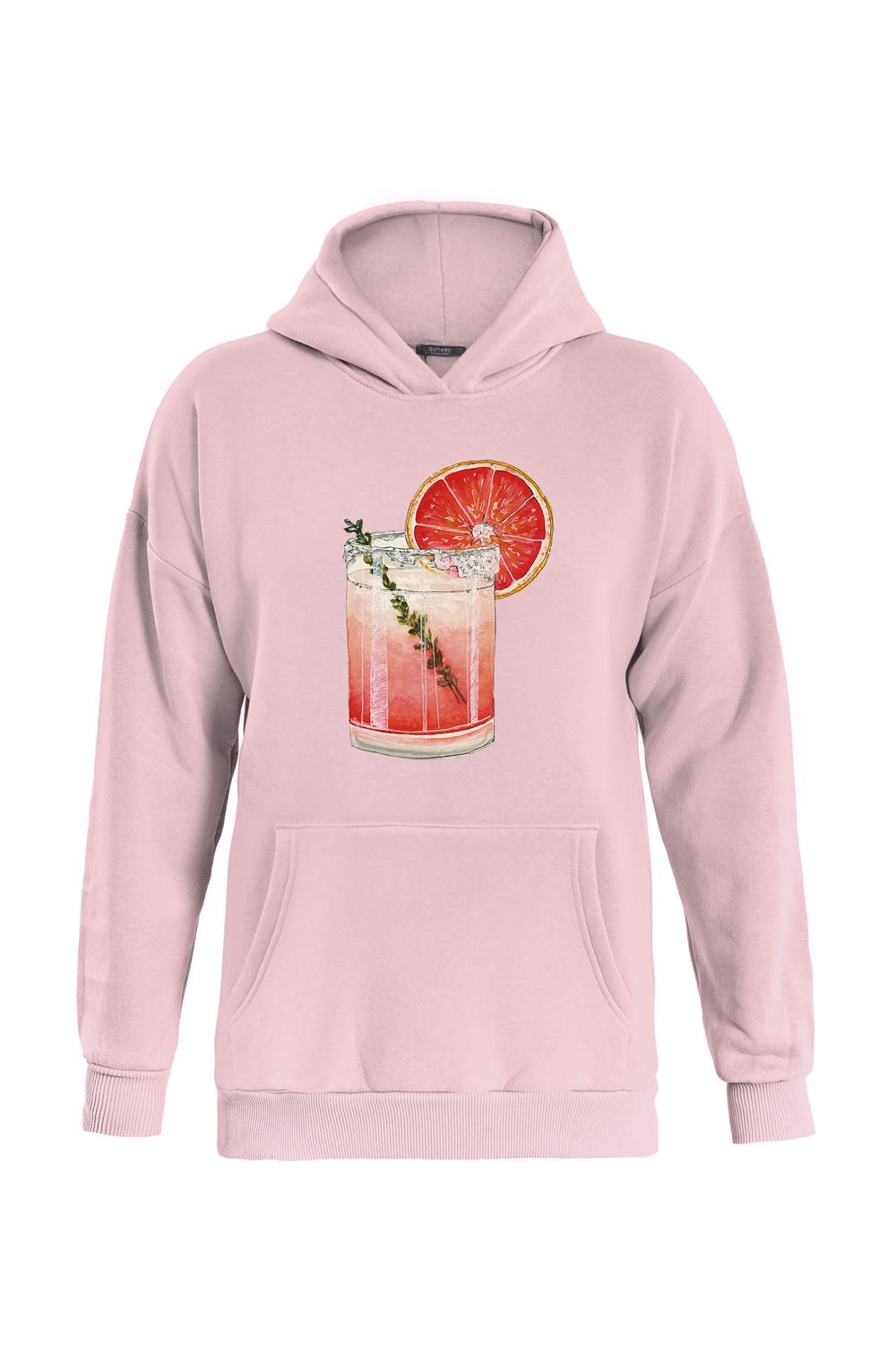 Unisex Orange Cocktail Baskılı Kapüşonlu İçi Yumuşak Polarlı Oversize Sweatshirt - PEMBE