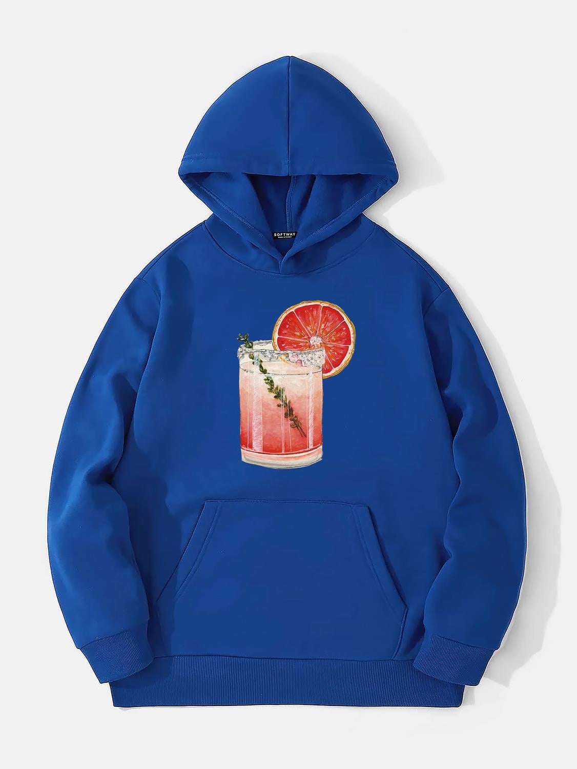 Unisex Orange Cocktail Baskılı Kapüşonlu İçi Yumuşak Polarlı Oversize Sweatshirt - SAKS MAVİSİ