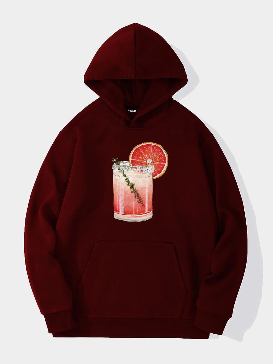 Unisex Orange Cocktail Baskılı Kapüşonlu İçi Yumuşak Polarlı Oversize Sweatshirt - BORDO