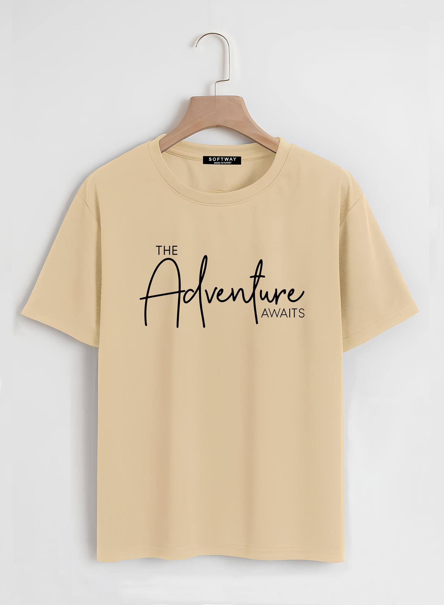 Unisex Oversize Bisiklet Yaka Adventure Baskılı Basic T-Shirt - BEJ