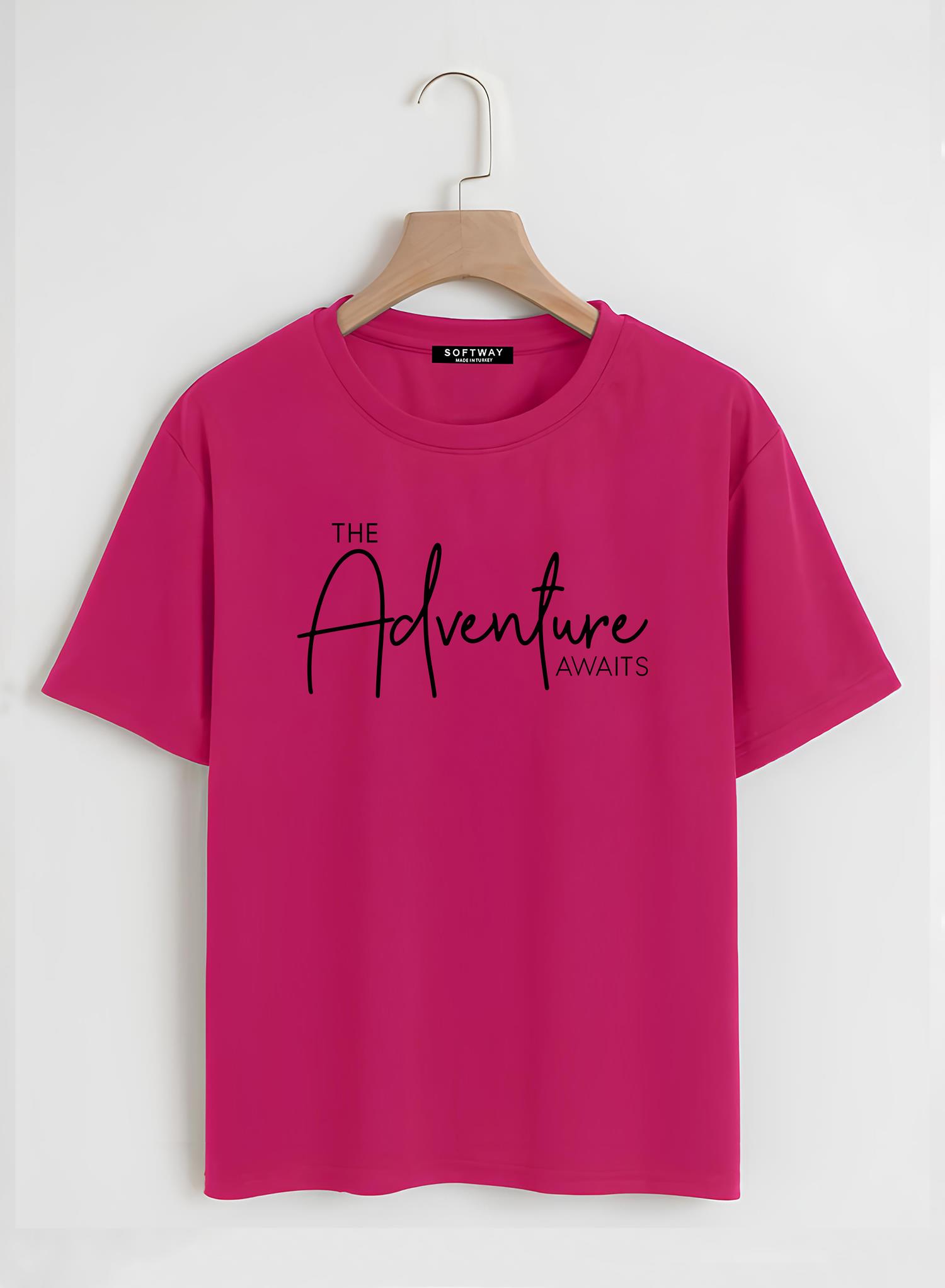 Unisex Oversize Bisiklet Yaka Adventure Baskılı Basic T-Shirt - FUŞYA