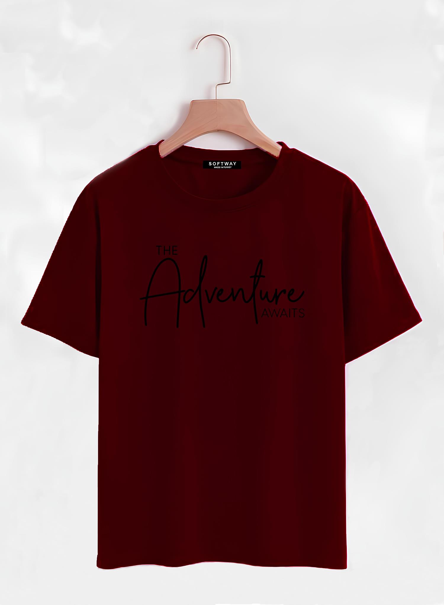 Unisex Oversize Bisiklet Yaka Adventure Baskılı Basic T-Shirt - BORDO