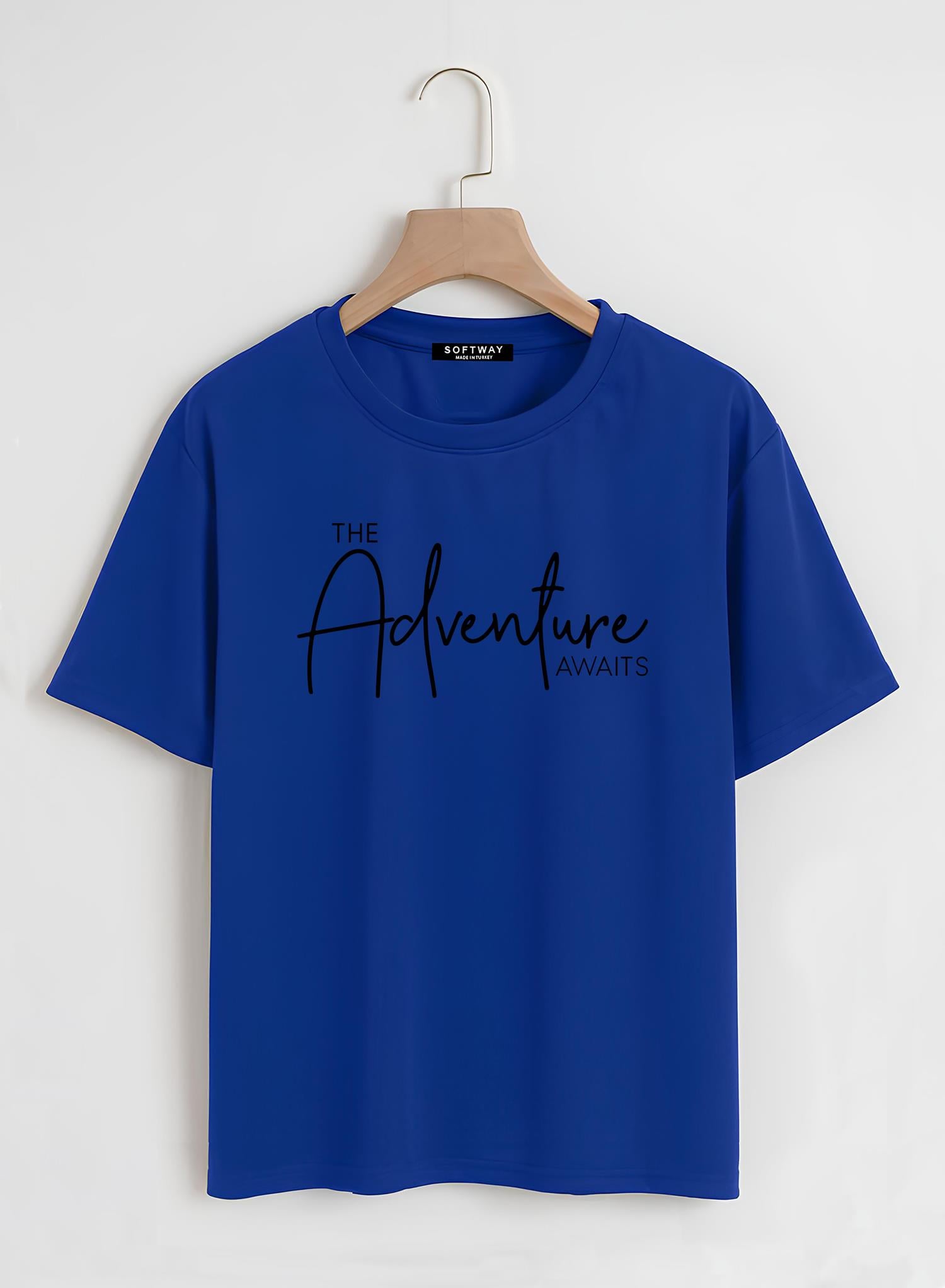 Unisex Oversize Bisiklet Yaka Adventure Baskılı Basic T-Shirt - SAKS MAVİSİ