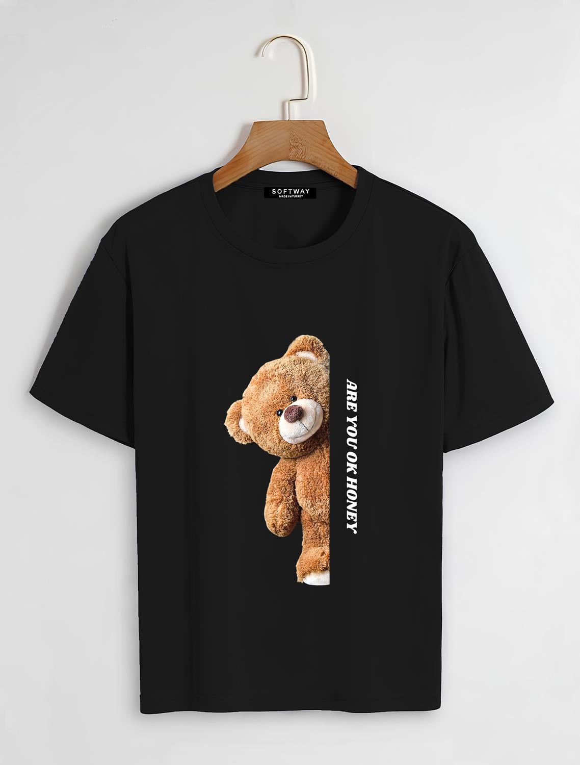 Unisex Oversize Bisiklet Yaka Are You Ok Honey Baskılı Basic T-Shirt - SİYAH