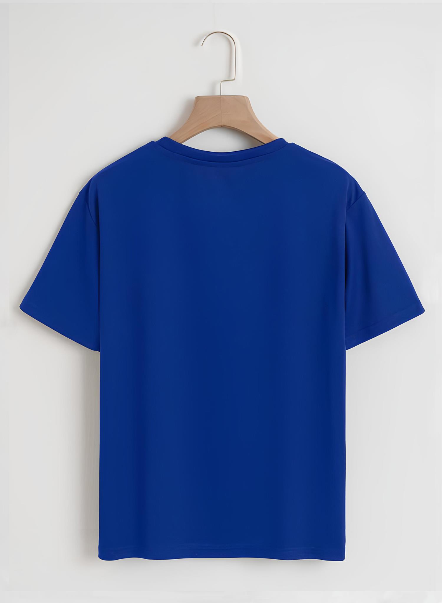 Unisex Oversize Bisiklet Yaka Balloon Astronaut Baskılı Basic T-Shirt - SAKS MAVİSİ