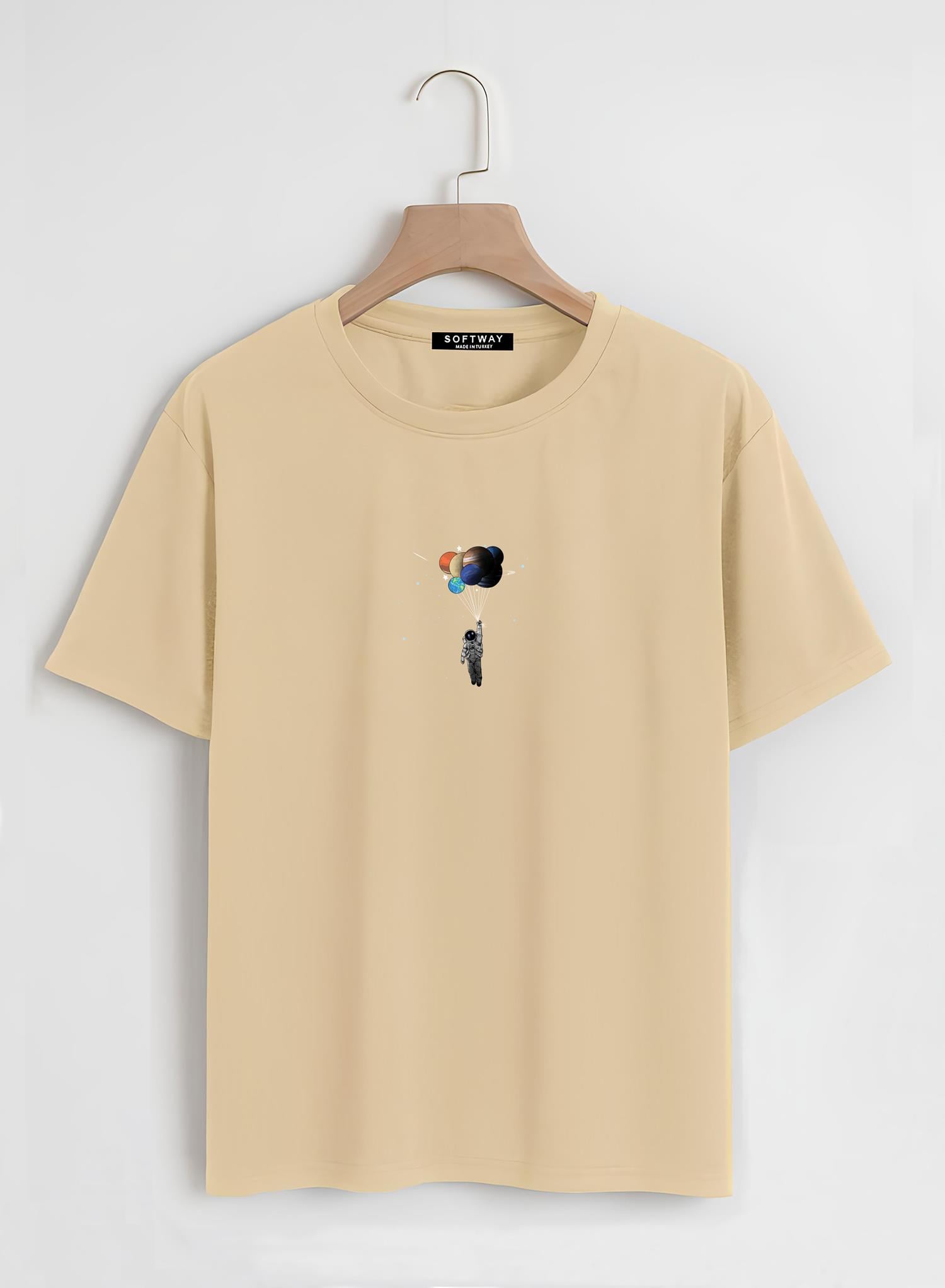 Unisex Oversize Bisiklet Yaka Balloon Astronaut Baskılı Basic T-Shirt - BEJ
