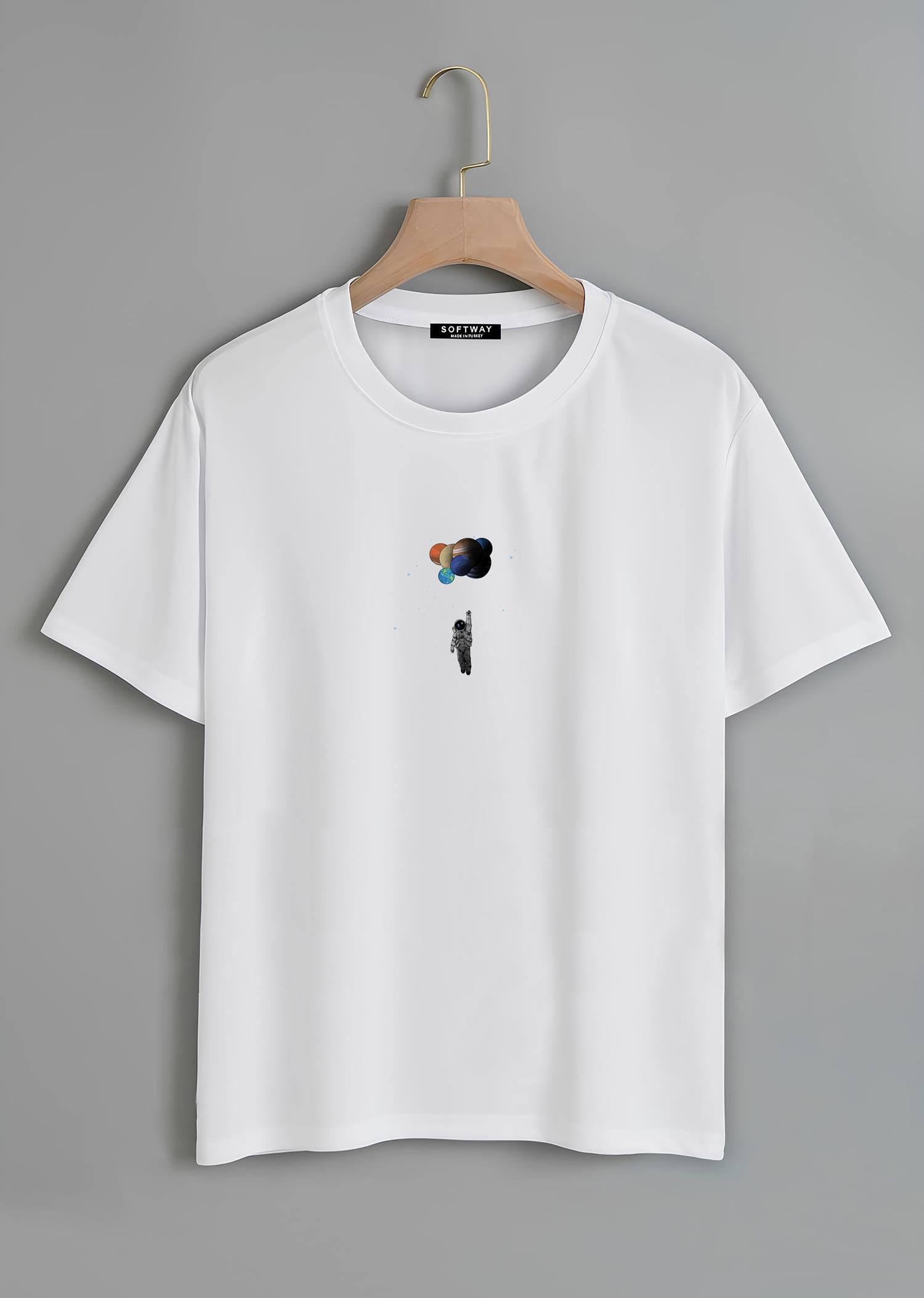 Unisex Oversize Bisiklet Yaka Balloon Astronaut Baskılı Basic T-Shirt - BEYAZ