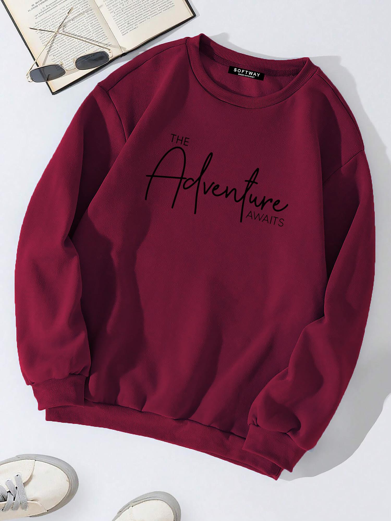 Unisex Oversize Bisiklet Yaka Basic Adventure Baskılı Sweatshirt - BORDO
