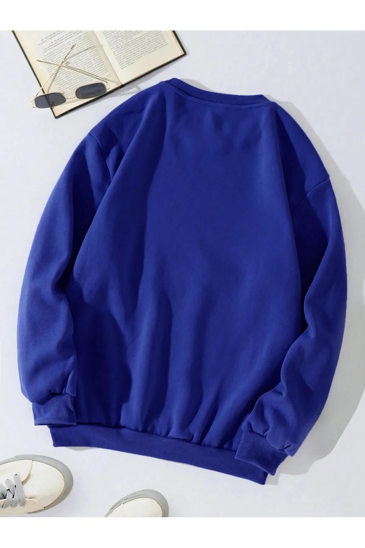 Unisex Oversize Bisiklet Yaka Basic Adventure Baskılı Sweatshirt - SAKS MAVİSİ