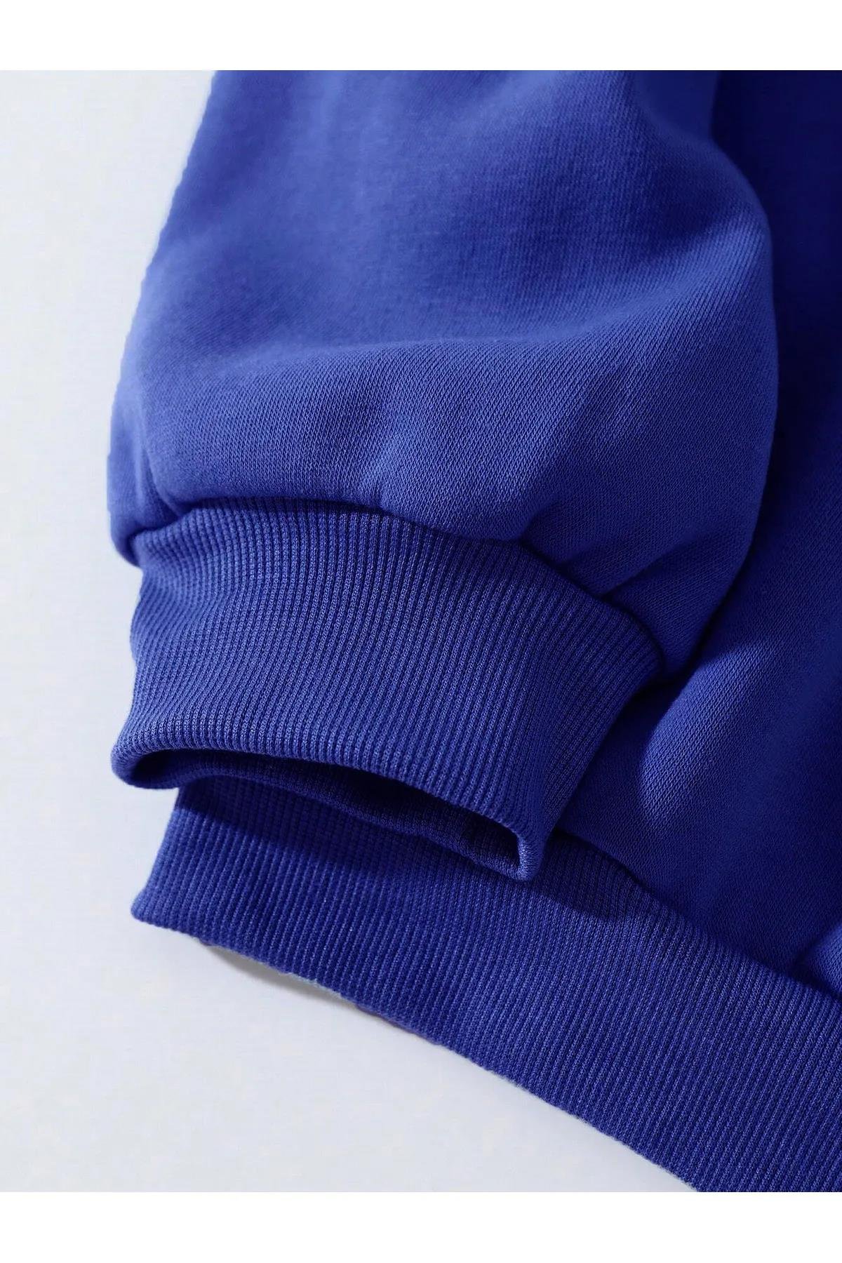 Unisex Oversize Bisiklet Yaka Basic Adventure Baskılı Sweatshirt - SAKS MAVİSİ