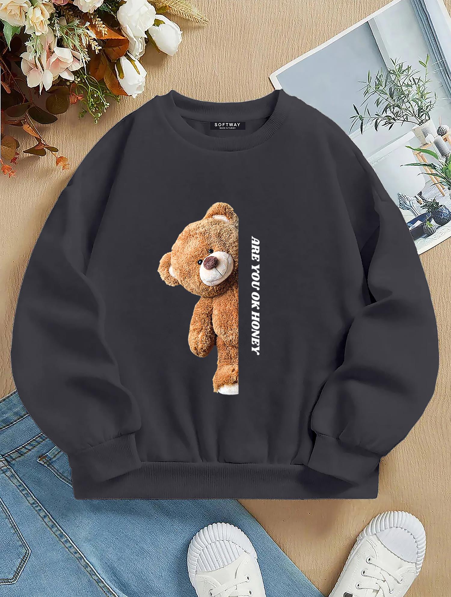 Unisex Oversize Bisiklet Yaka Basic Are You Ok Honey Baskılı Sweatshirt - FÜME