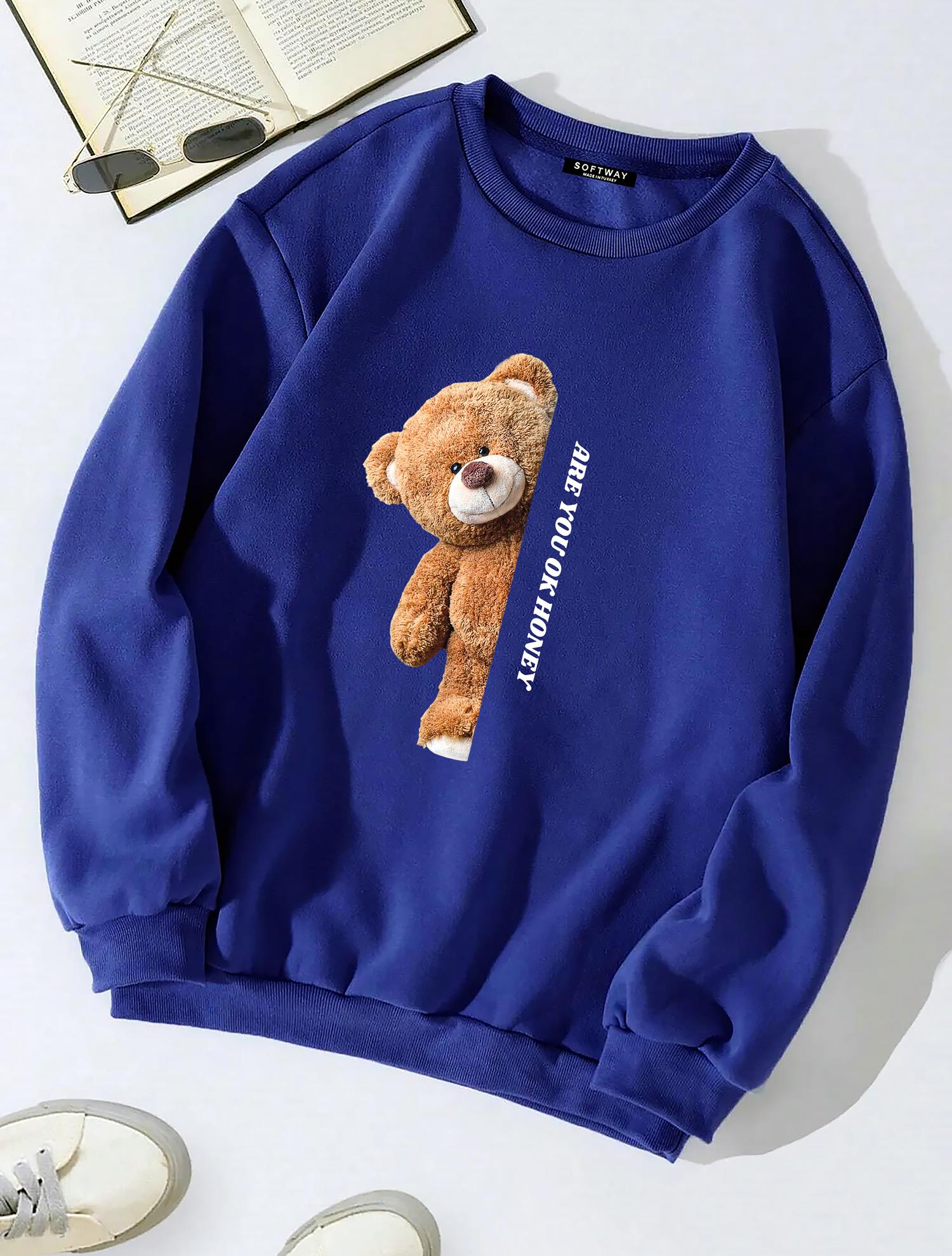 Unisex Oversize Bisiklet Yaka Basic Are You Ok Honey Sweatshirt - SAKS MAVİSİ