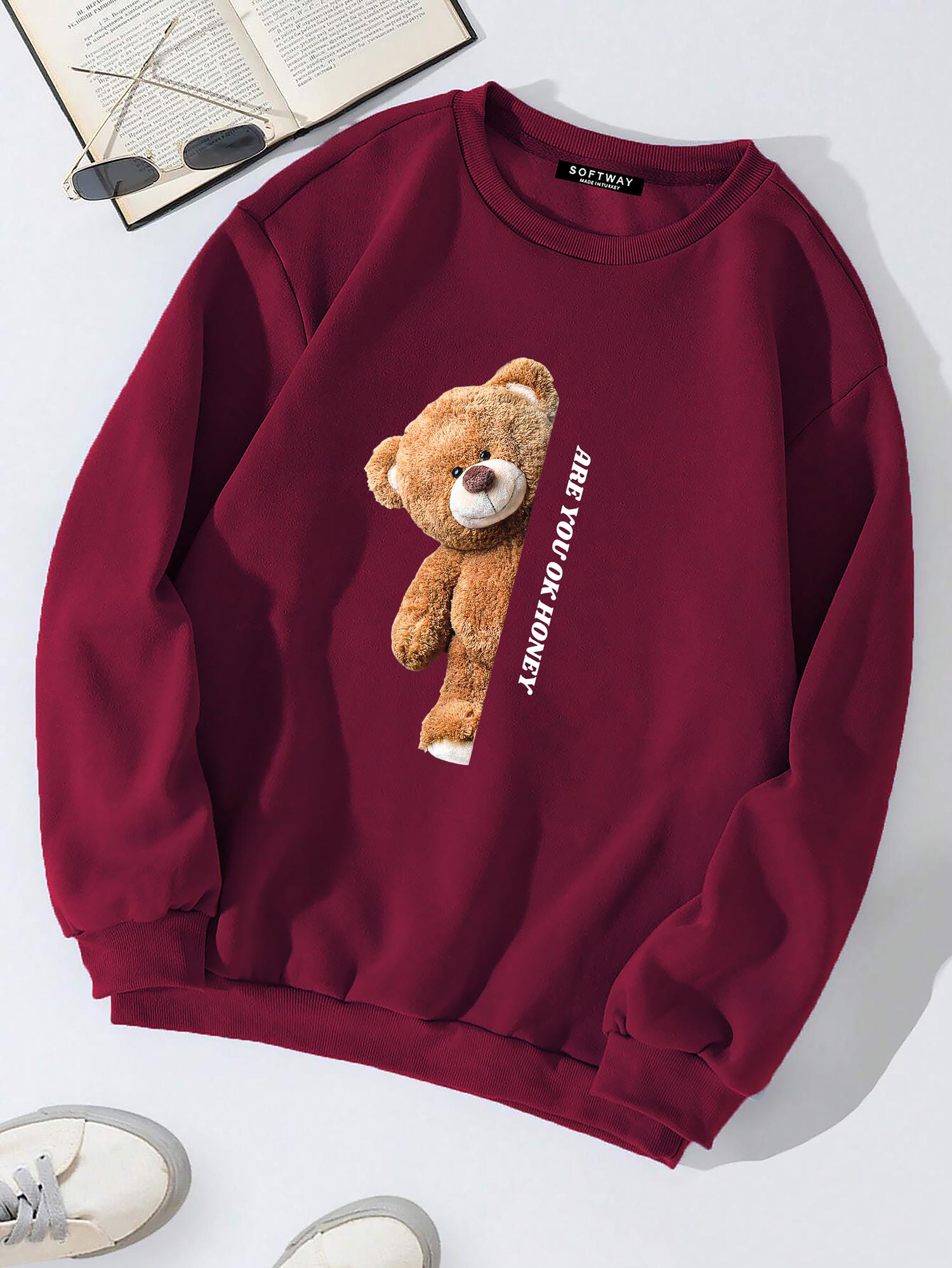 Unisex Oversize Bisiklet Yaka Basic Are You Ok Honey Sweatshirt - BORDO