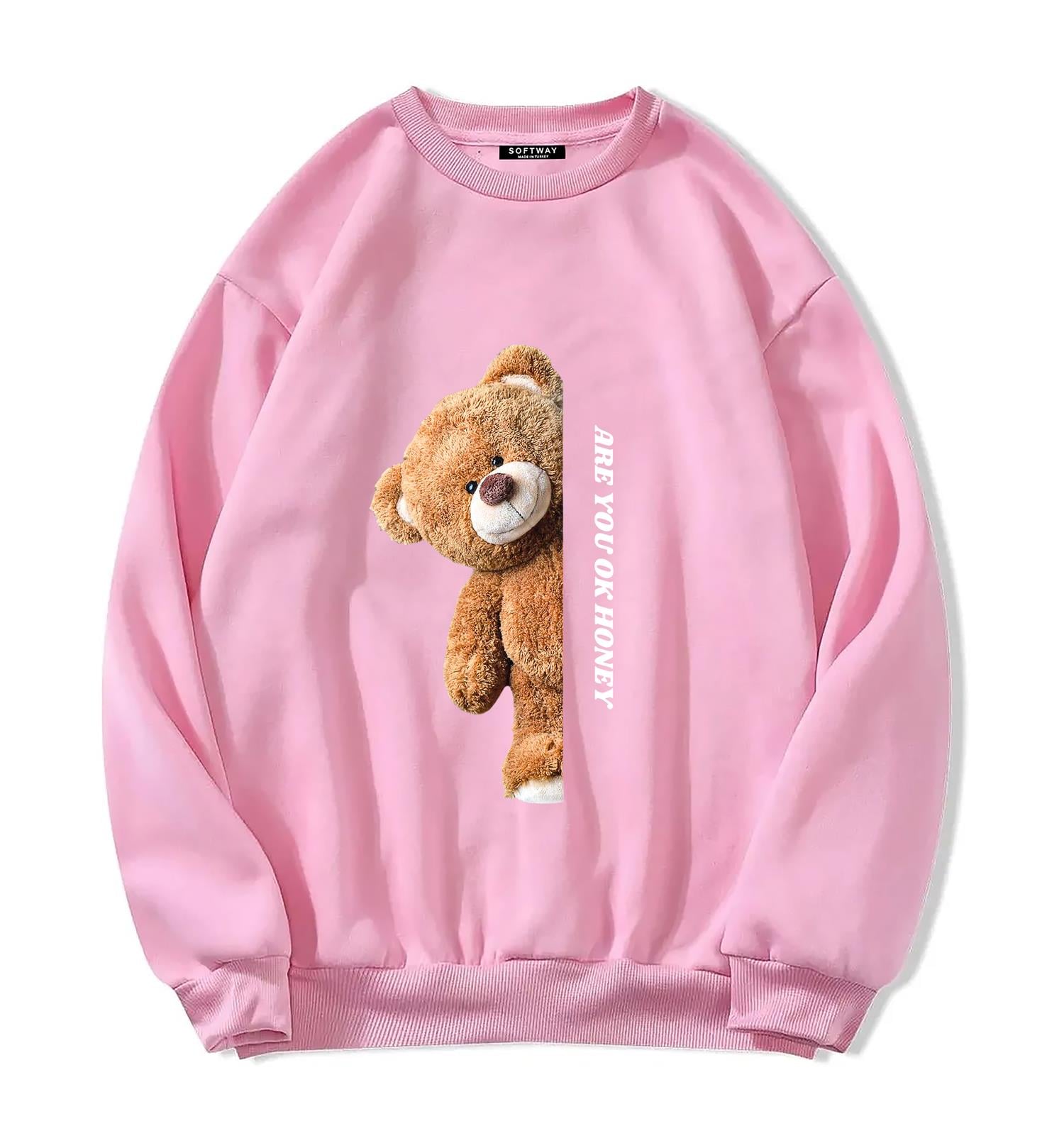 Unisex Oversize Bisiklet Yaka Basic Are You Ok Honey Sweatshirt - PEMBE