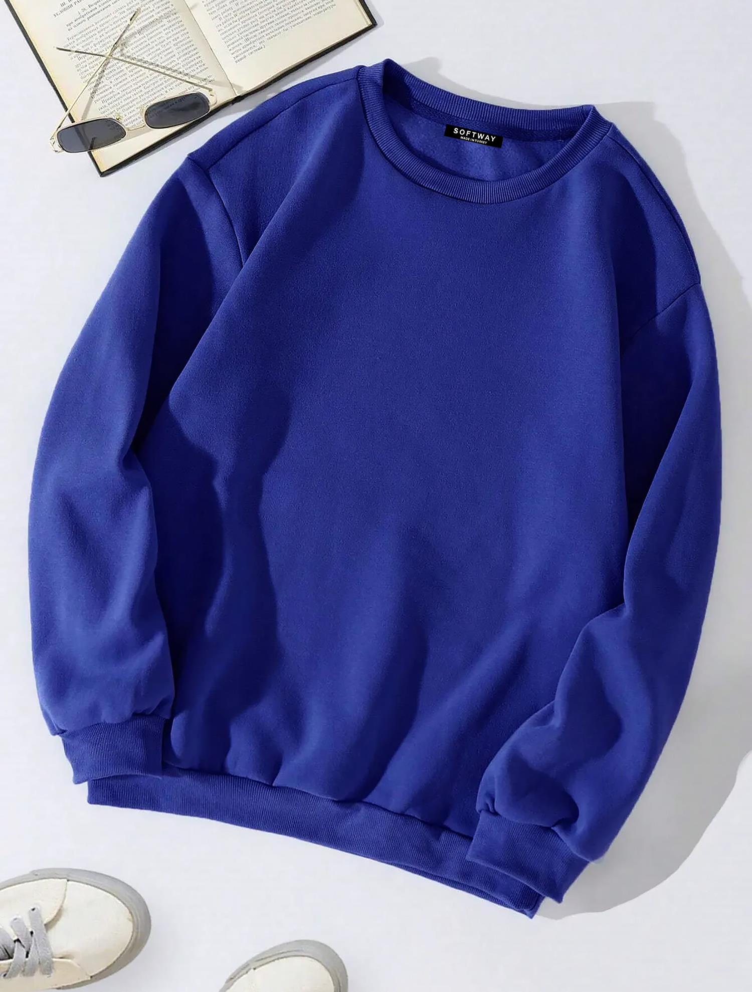 Unisex Oversize Bisiklet Yaka Basic Butterfly Baskılı Sweatshirt - SAKS MAVİSİ