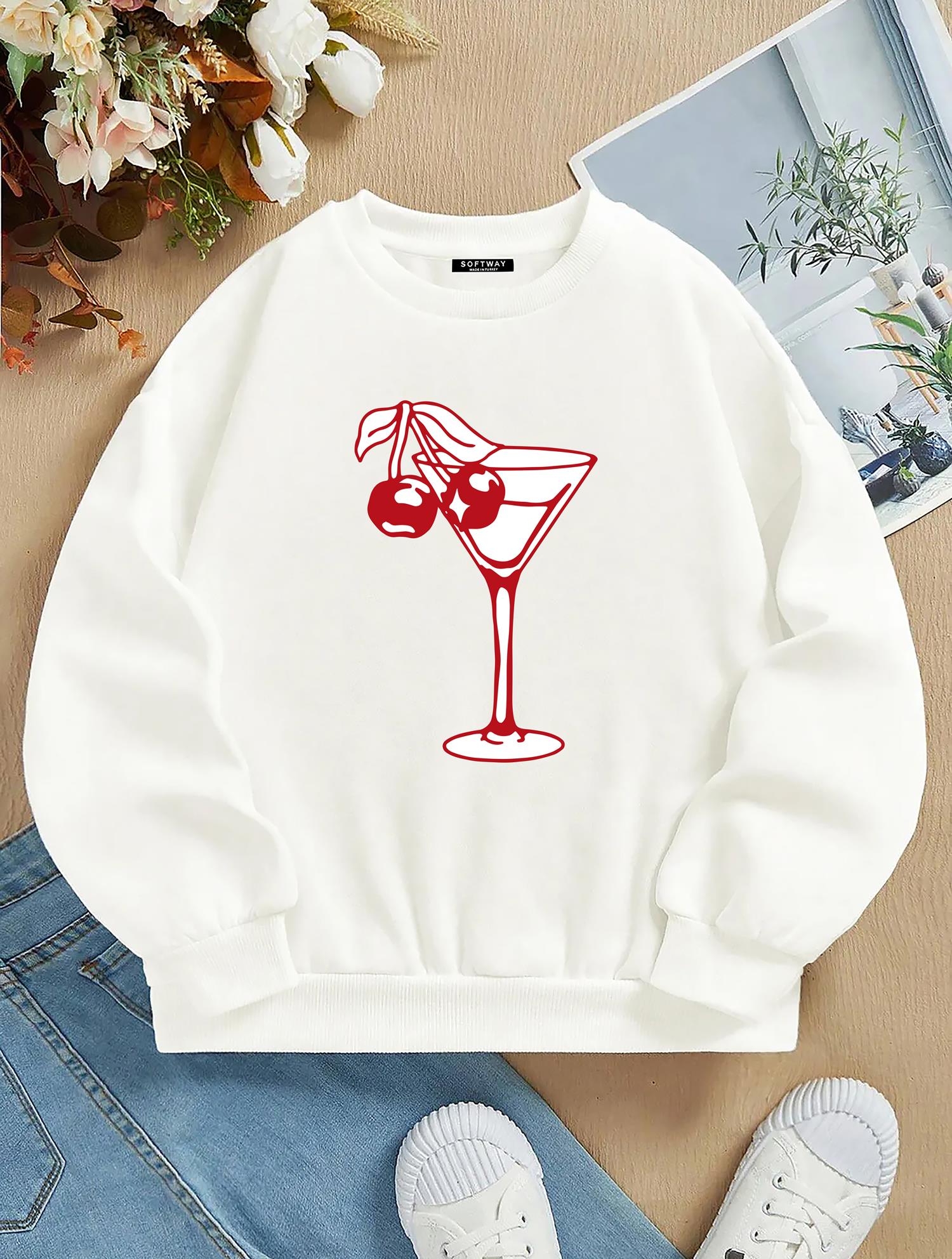 Unisex Oversize Bisiklet Yaka Basic Cherry Cocktail Baskılı Sweatshirt - EKRU
