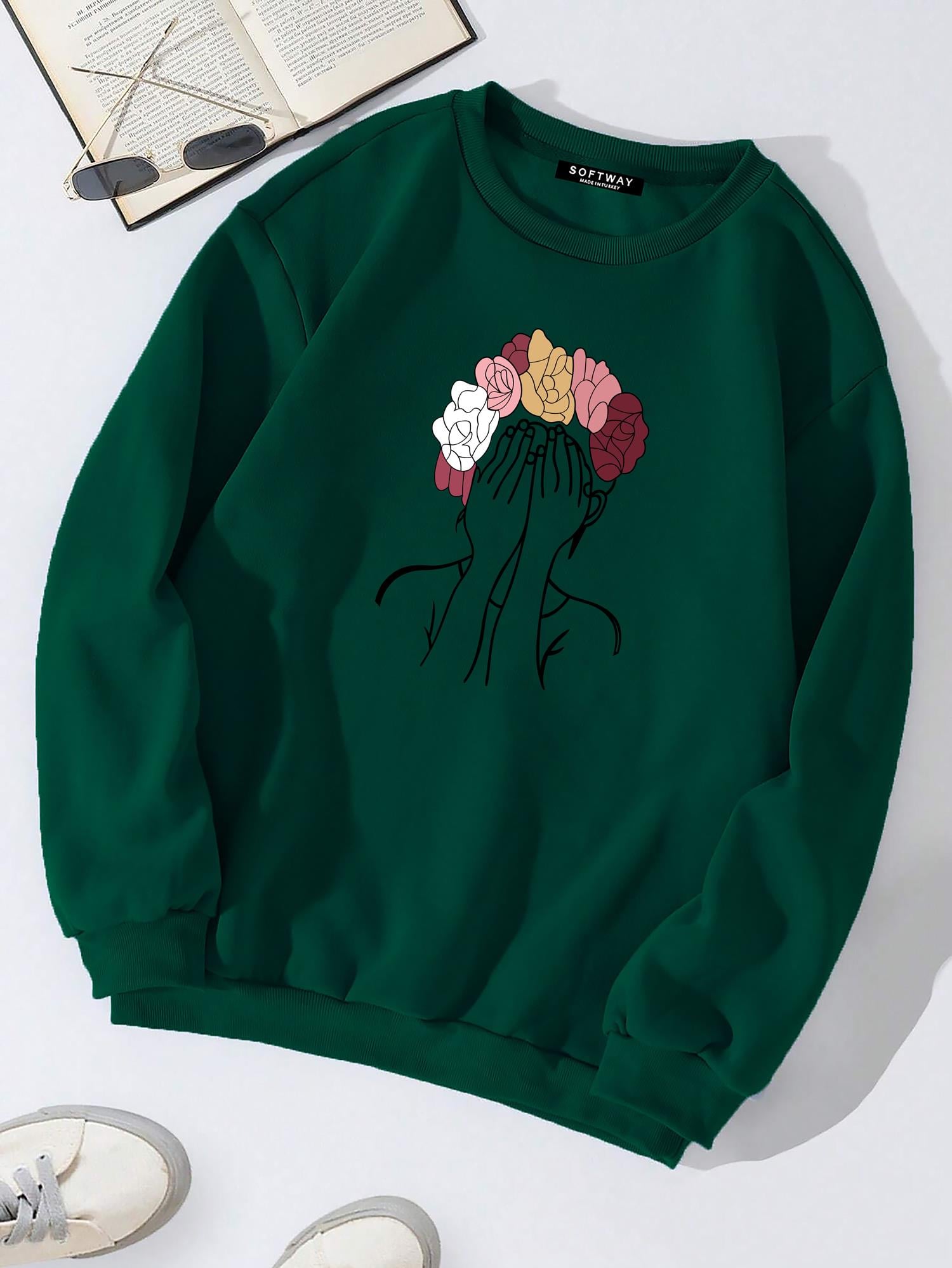 Unisex Oversize Bisiklet Yaka Basic Colorful Hair Baskılı Sweatshirt - KOYU YEŞİL