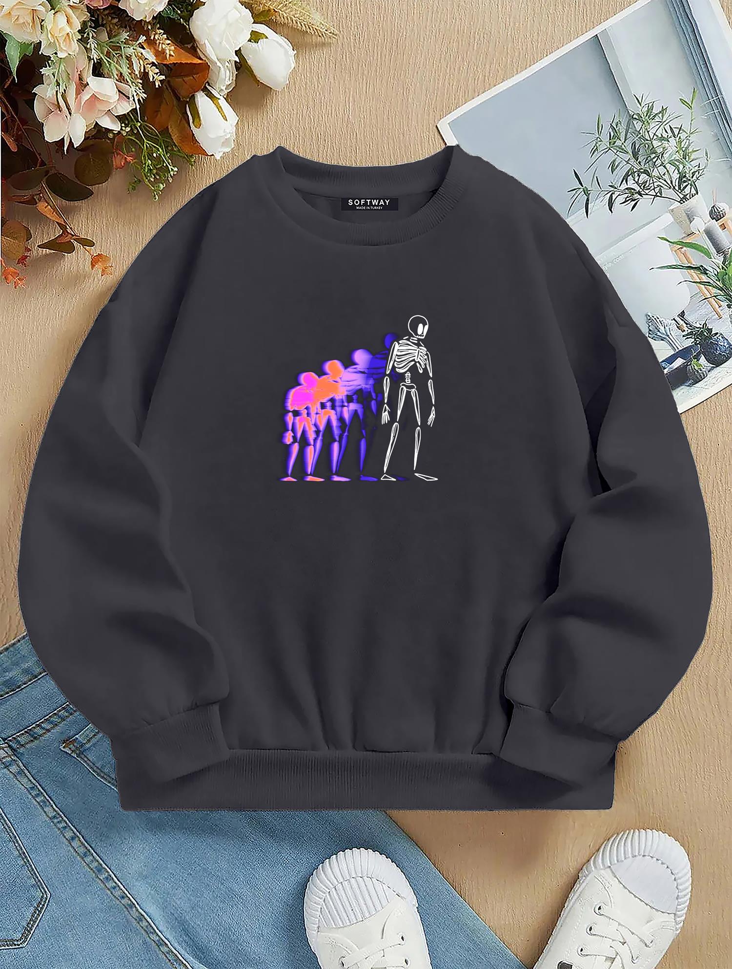 Unisex Oversize Bisiklet Yaka Basic Corolful Skeleton Baskılı Sweatshirt - FÜME