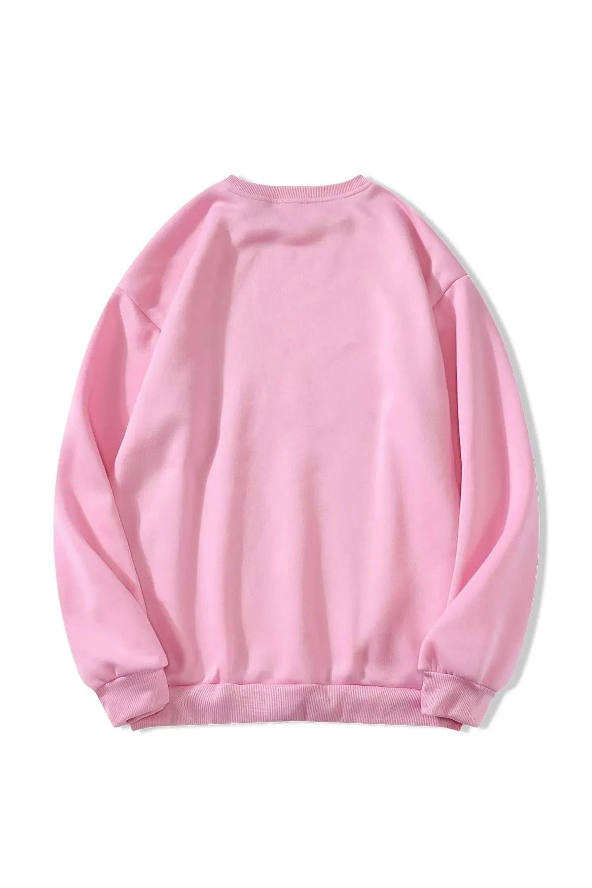 Unisex Oversize Bisiklet Yaka Basic Colorful Skeleton Baskılı Sweatshirt - PEMBE