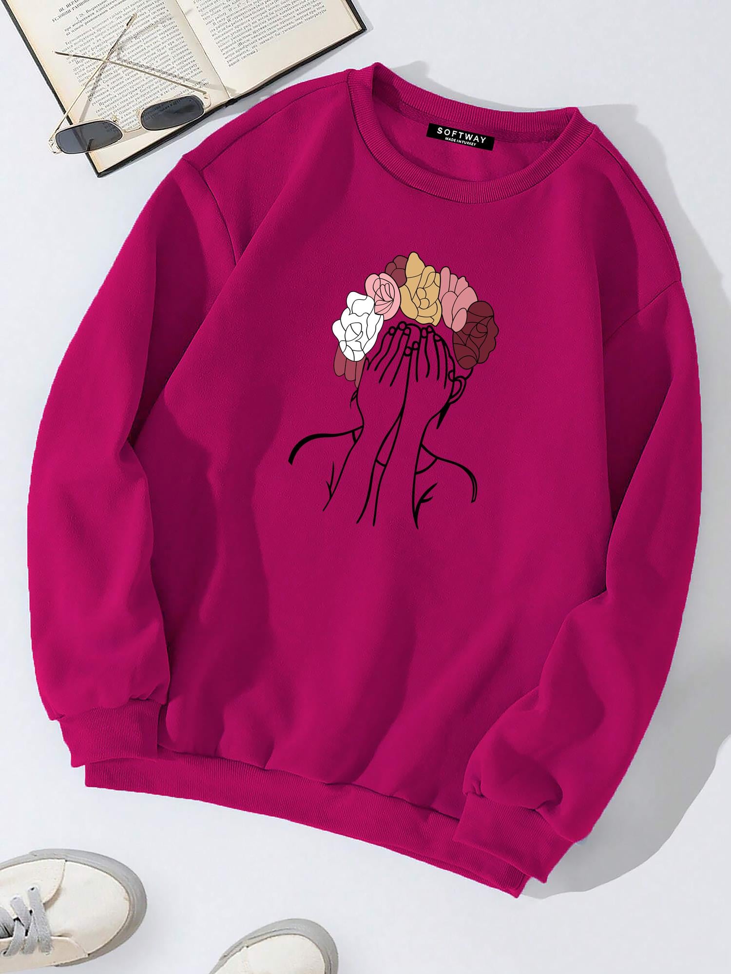 Unisex Oversize Bisiklet Yaka Basic Colorful Hair Baskılı Sweatshirt - FUŞYA