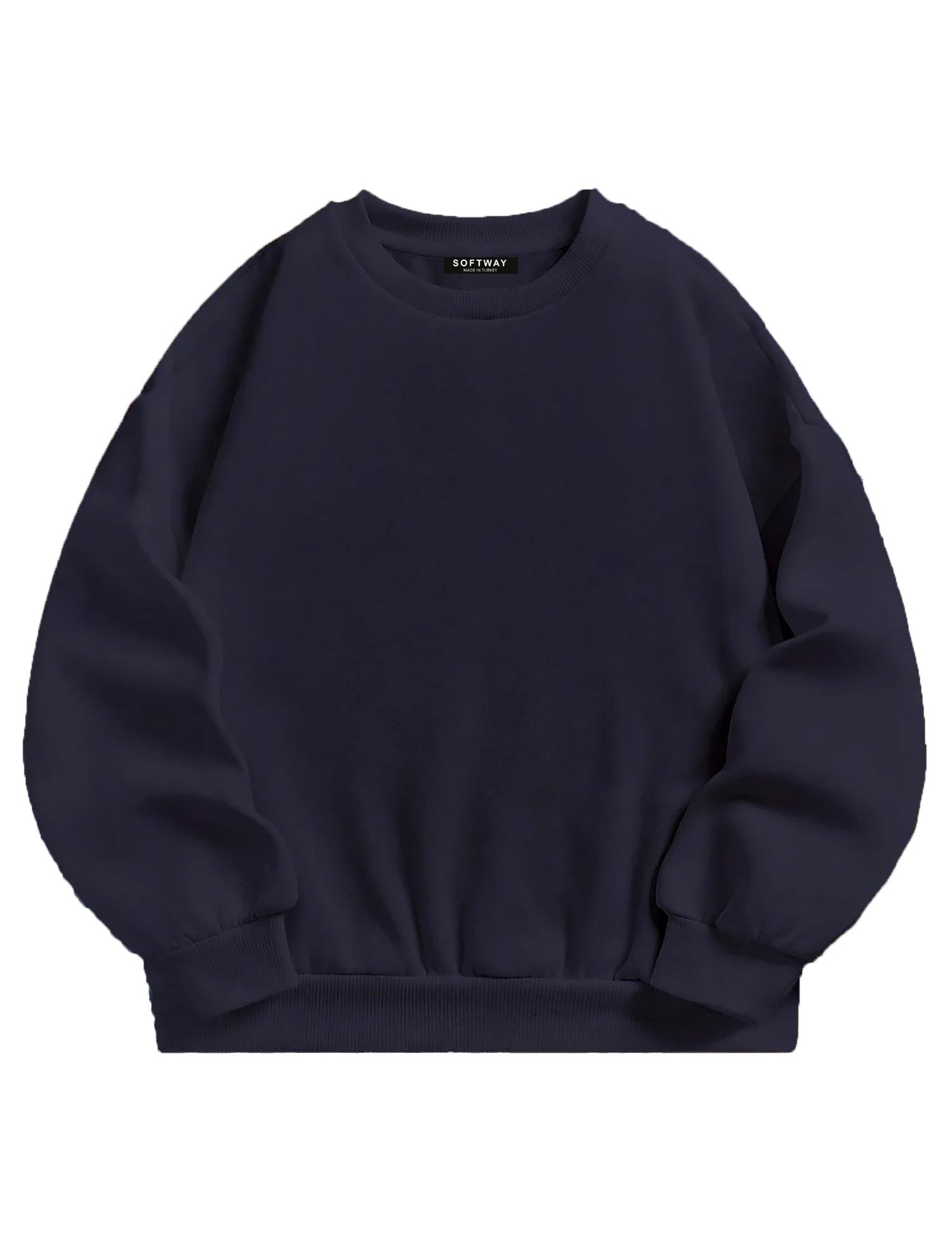 Unisex Oversize Bisiklet Yaka Basic Düz Sweatshirt - LACİVERT