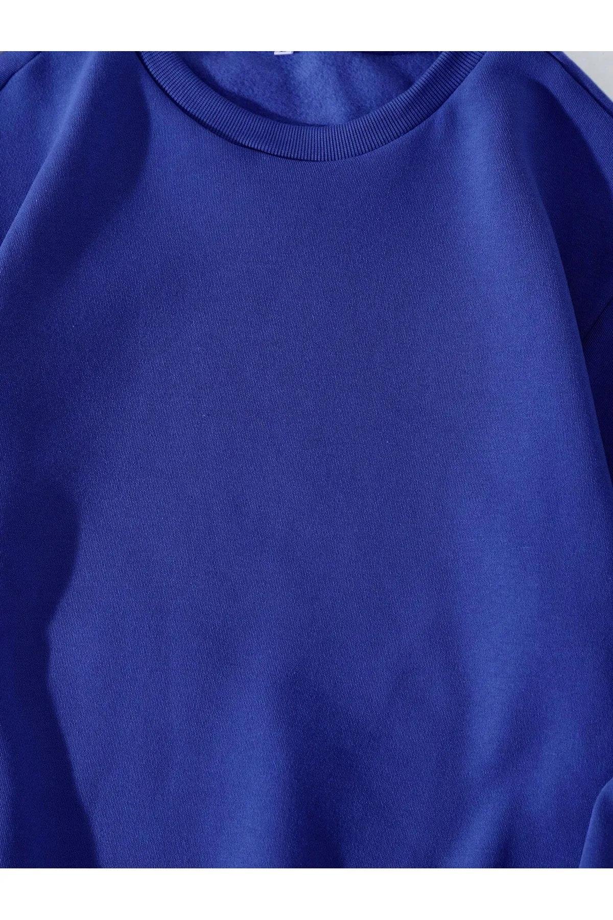 Unisex Oversize Bisiklet Yaka Basic Düz Sweatshirt - SAKS MAVİSİ