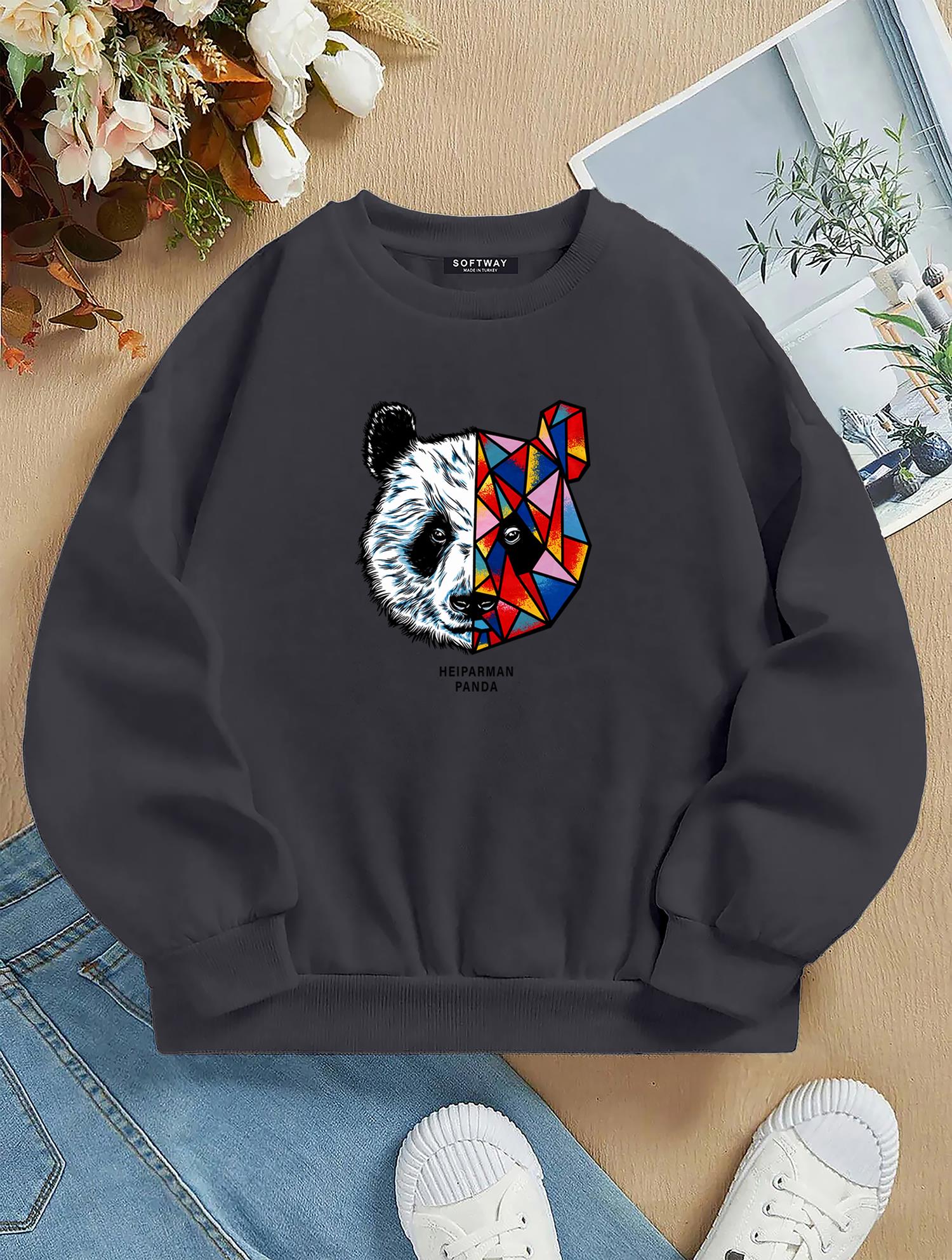 Unisex Oversize Bisiklet Yaka Basic Heiparman Panda Baskılı Sweatshirt - FÜME
