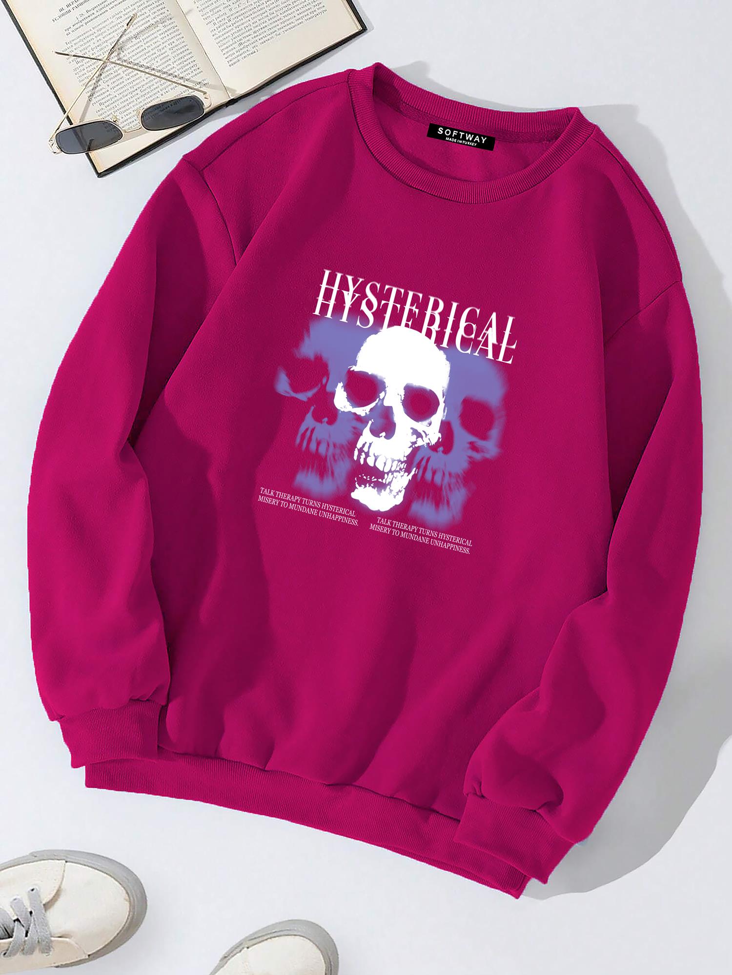 Unisex Oversize Bisiklet Yaka Basic Hystarigal Baskılı Sweatshirt - FUŞYA