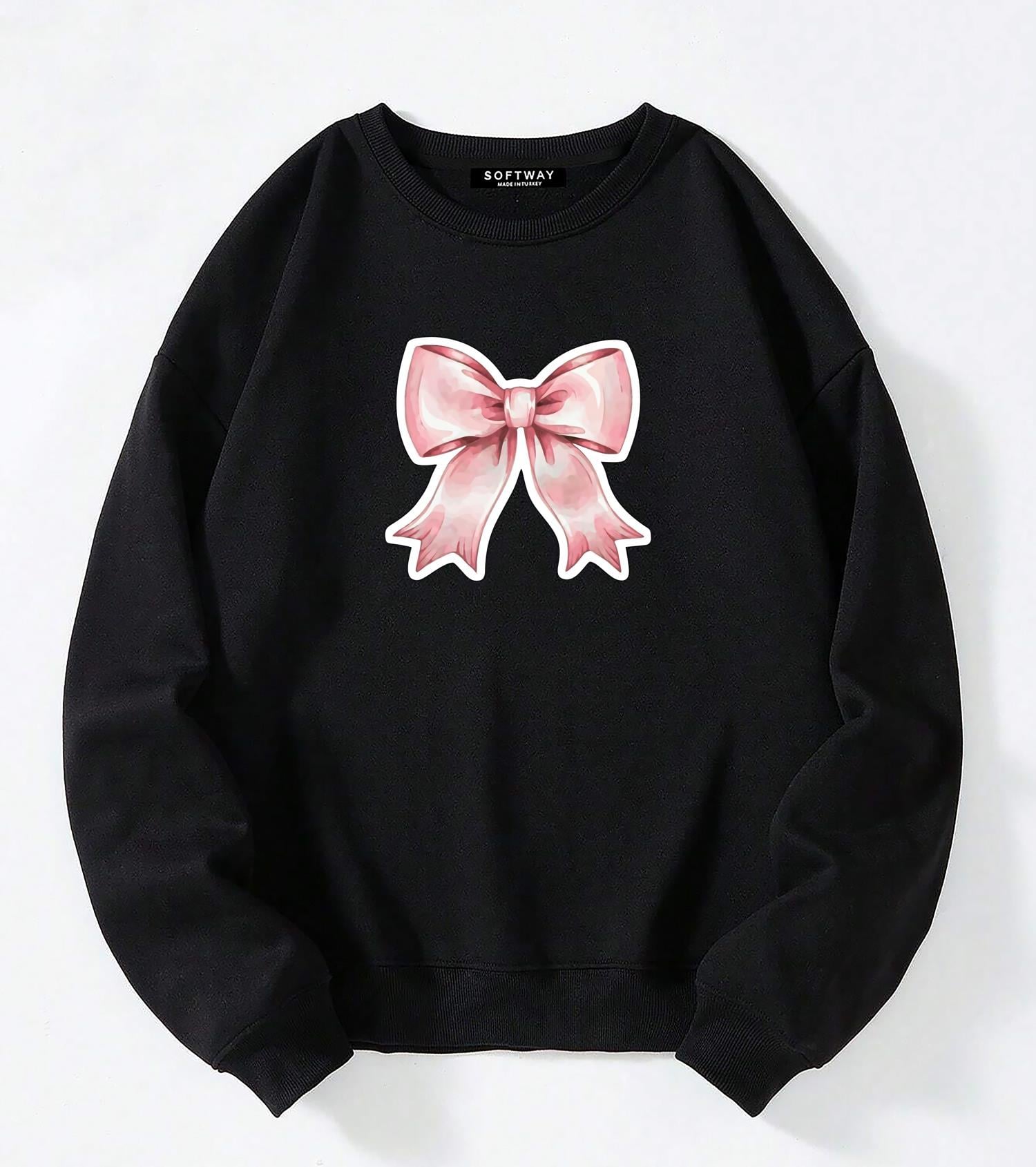 Unisex Oversize Bisiklet Yaka Basic Powder Pink Ribbom Sweatshirt - SİYAH