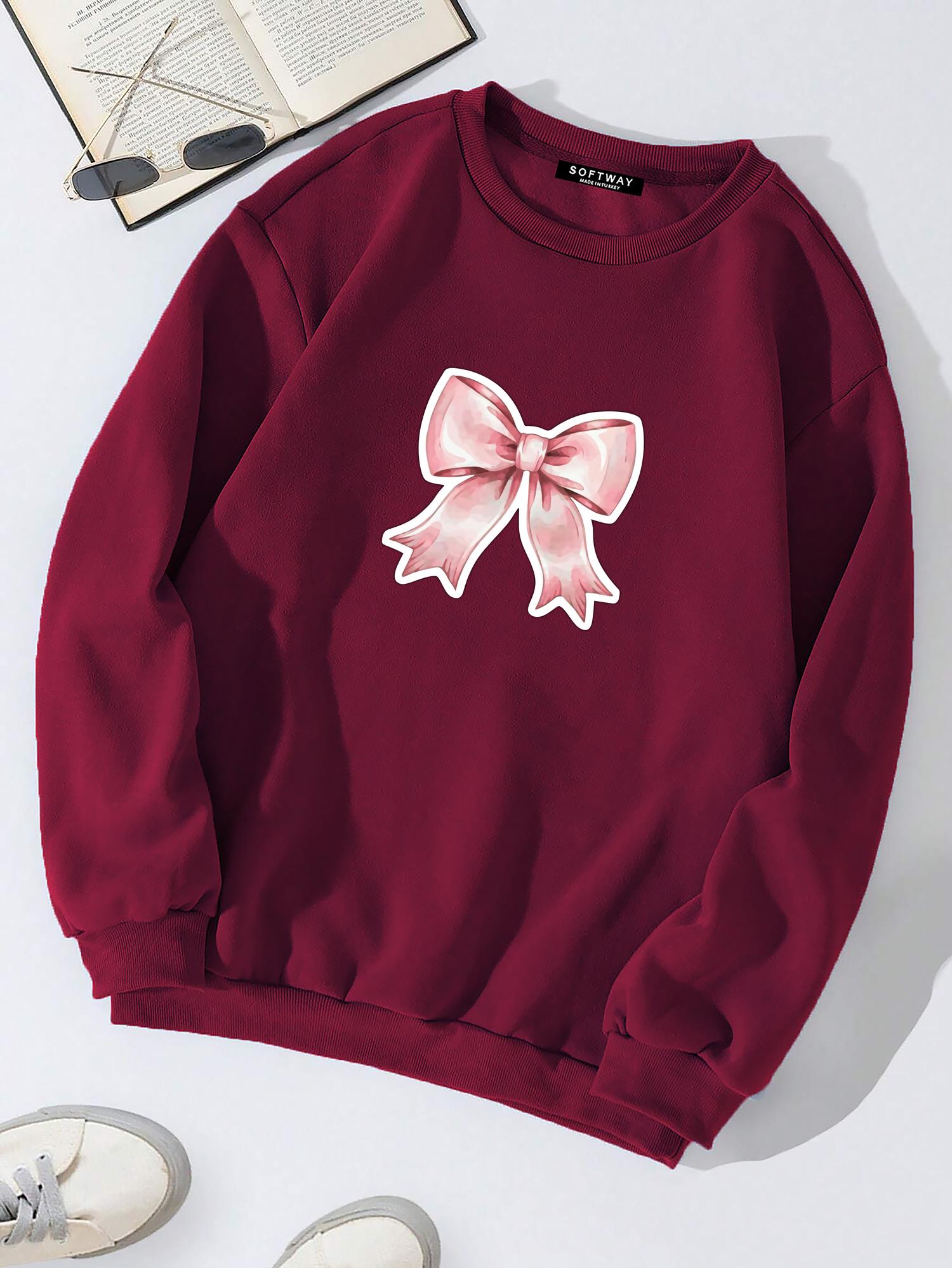 Unisex Oversize Bisiklet Yaka Basic Powder Pink Ribbom Sweatshirt - BORDO
