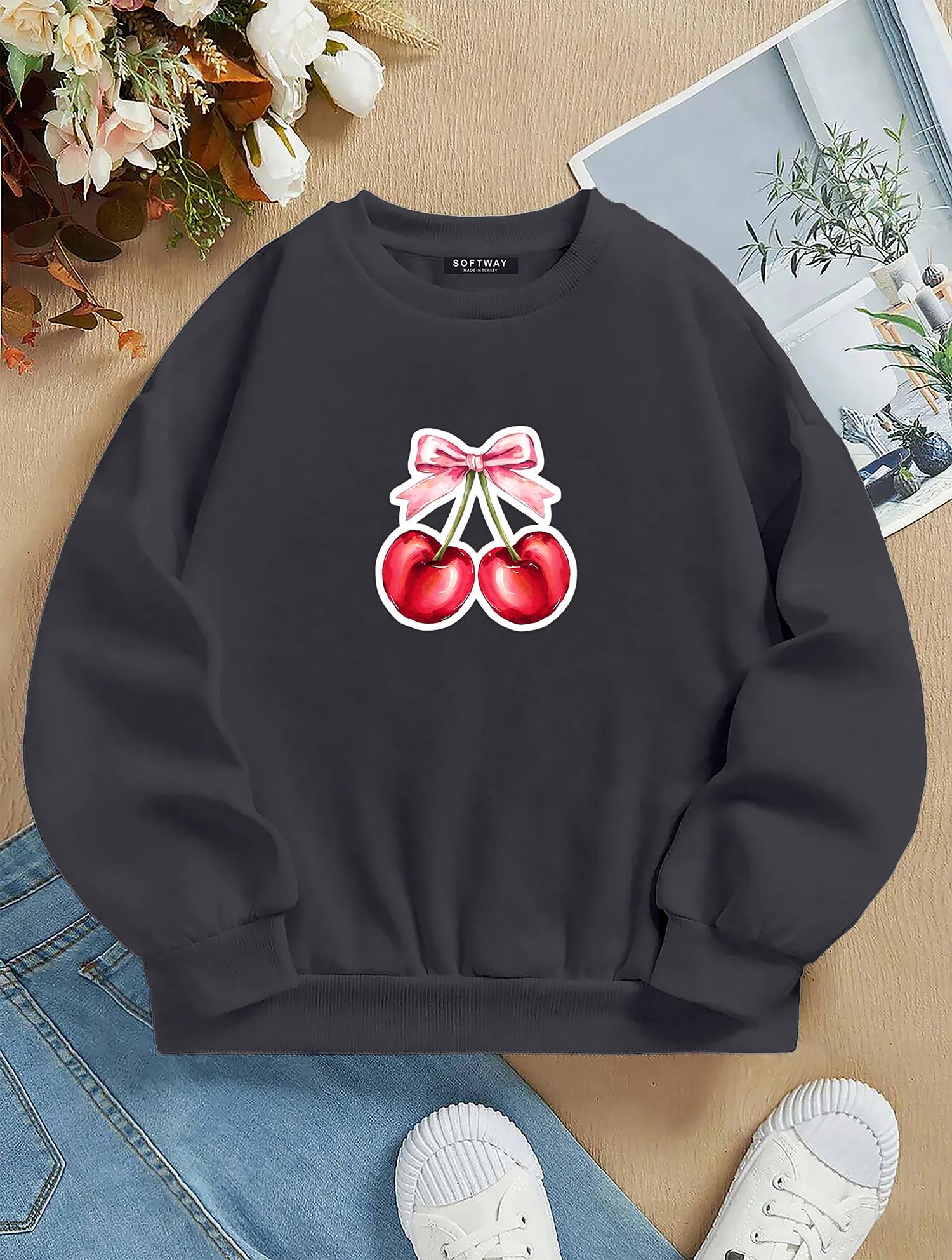 Unisex Oversize Bisiklet Yaka Basic Ribbon Cherry Baskılı Sweatshirt - FÜME