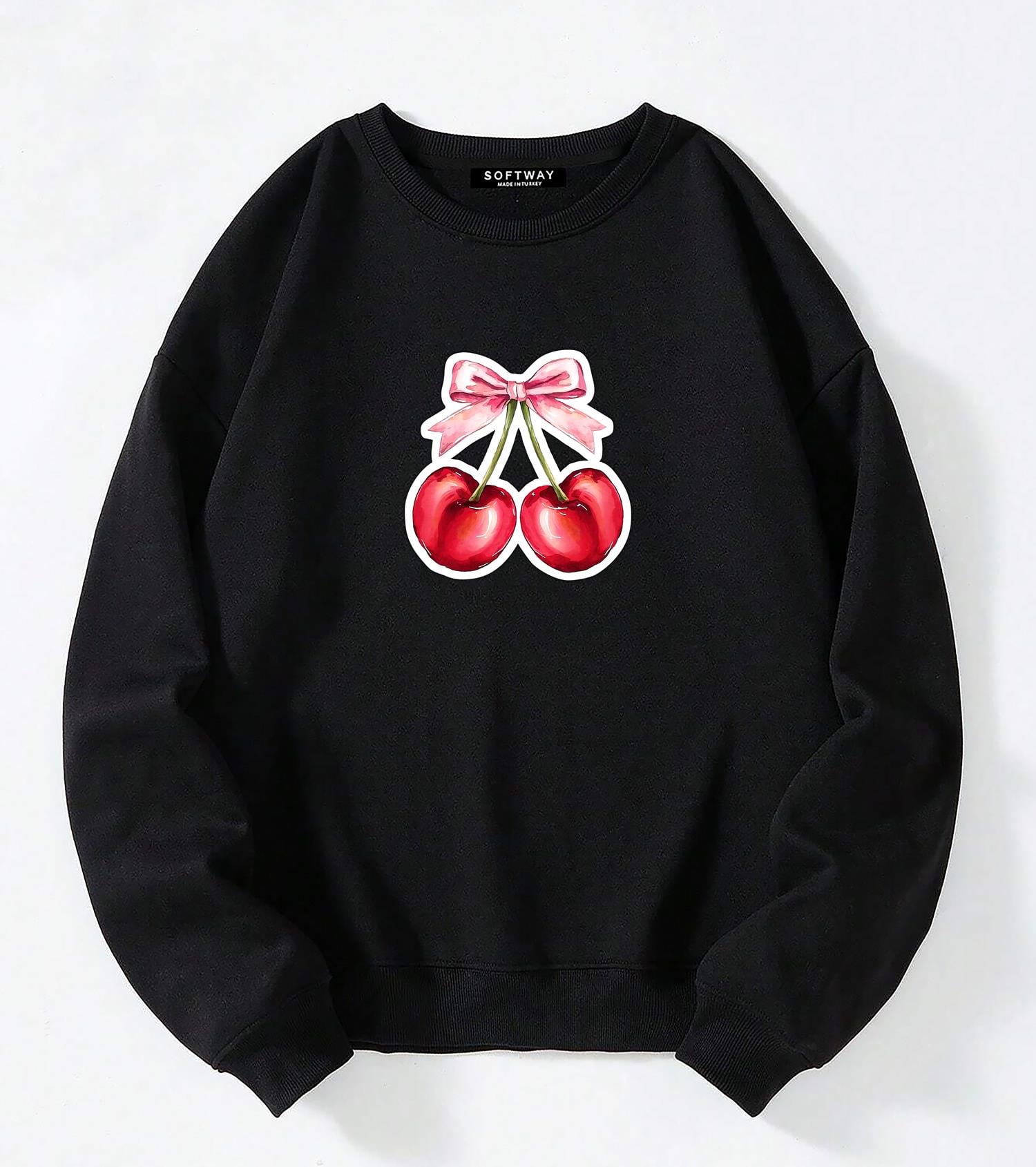Unisex Oversize Bisiklet Yaka Basic Ribbom Cherry Baskılı Sweatshirt - SİYAH