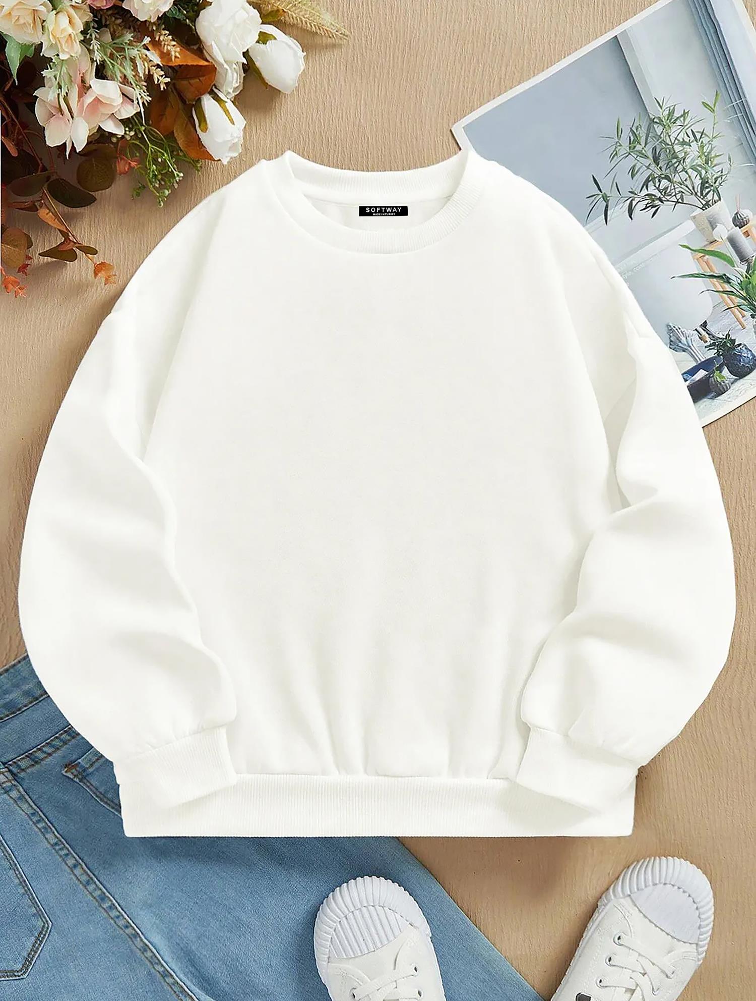 Unisex Oversize Bisiklet Yaka Basic Rose Love Baskılı Sweatshirt - EKRU
