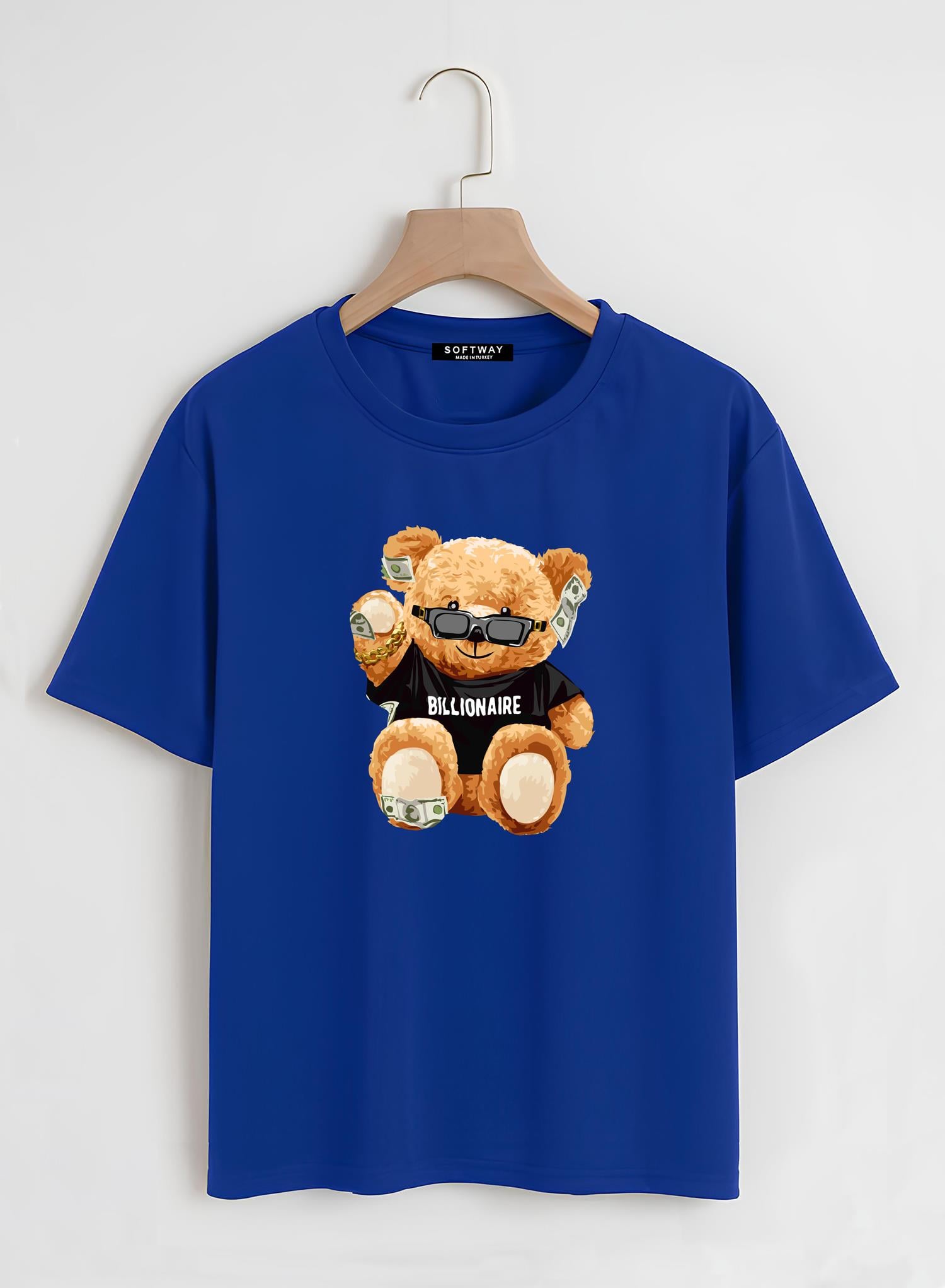 Unisex Oversize Bisiklet Yaka Billionaire Baskılı Basic T-Shirt - SAKS MAVİSİ