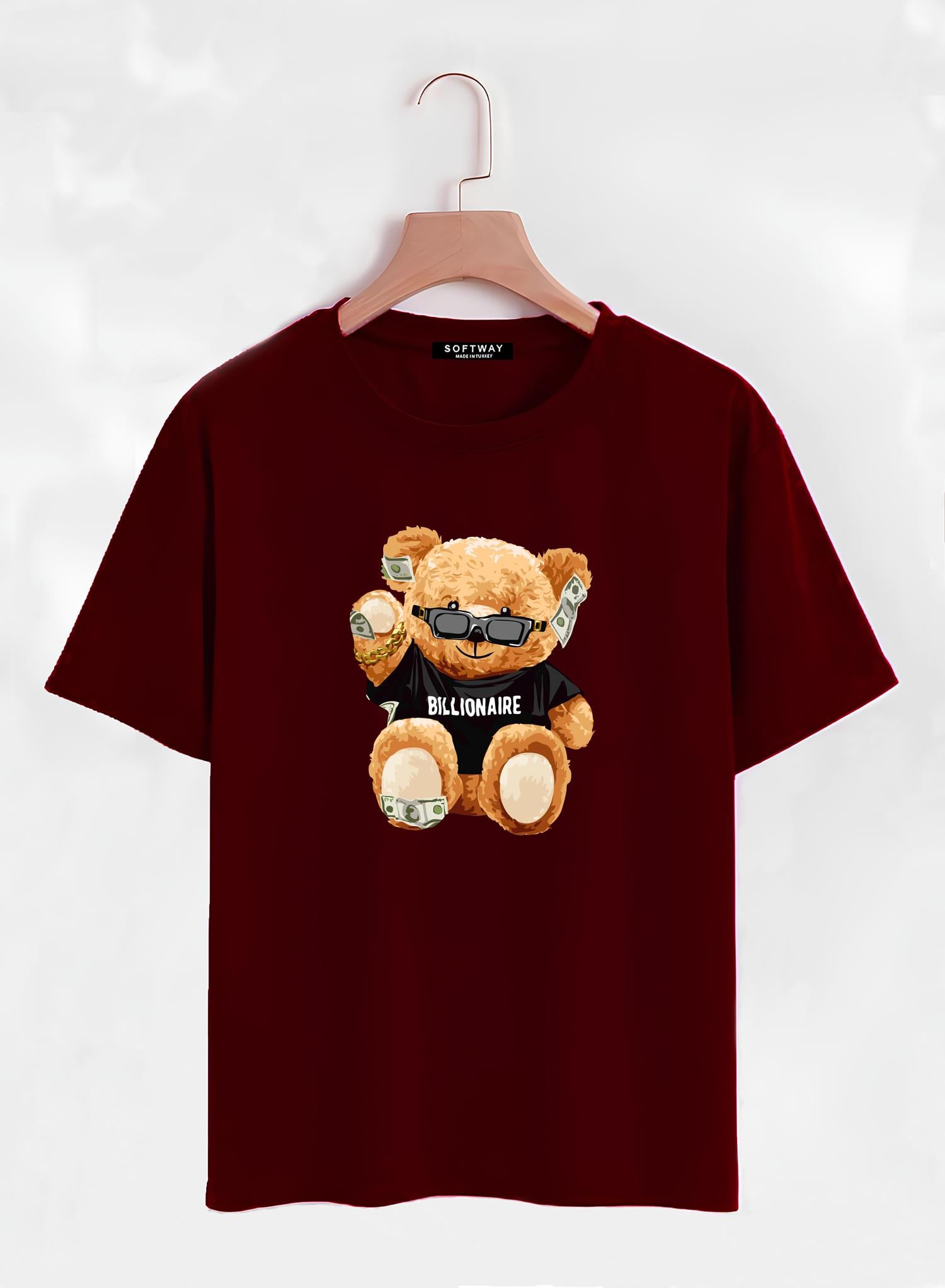 Unisex Oversize Bisiklet Yaka Billionaire Baskılı Basic T-Shirt - BORDO