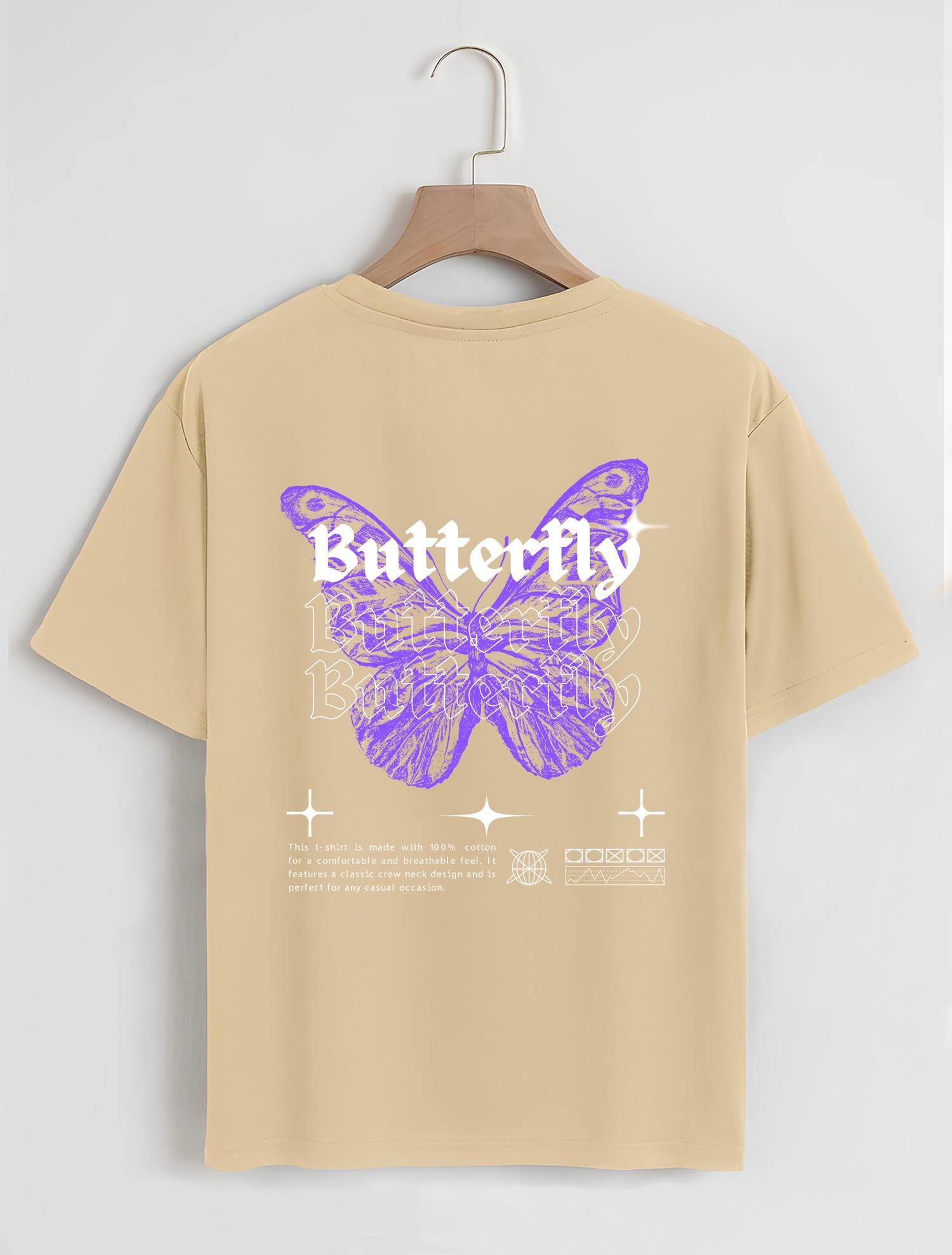 Unisex Oversize Bisiklet Yaka Butterfly Baskılı Basic T-Shirt - BEJ