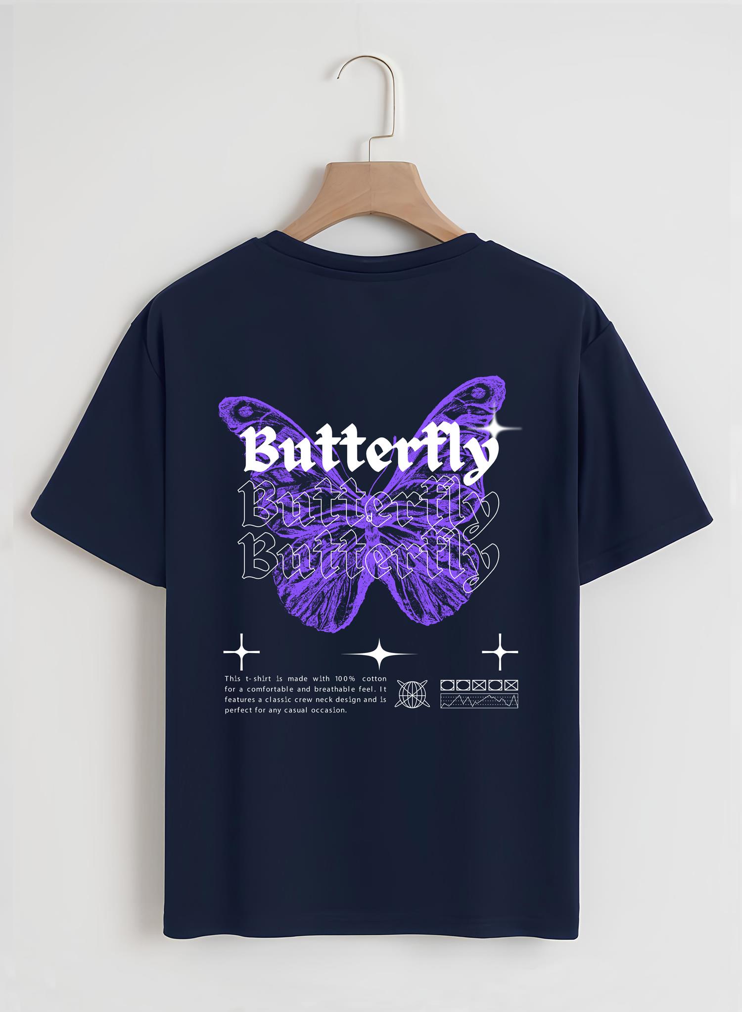 Unisex Oversize Bisiklet Yaka Butterfly Baskılı Basic T-Shirt - LACİVERT